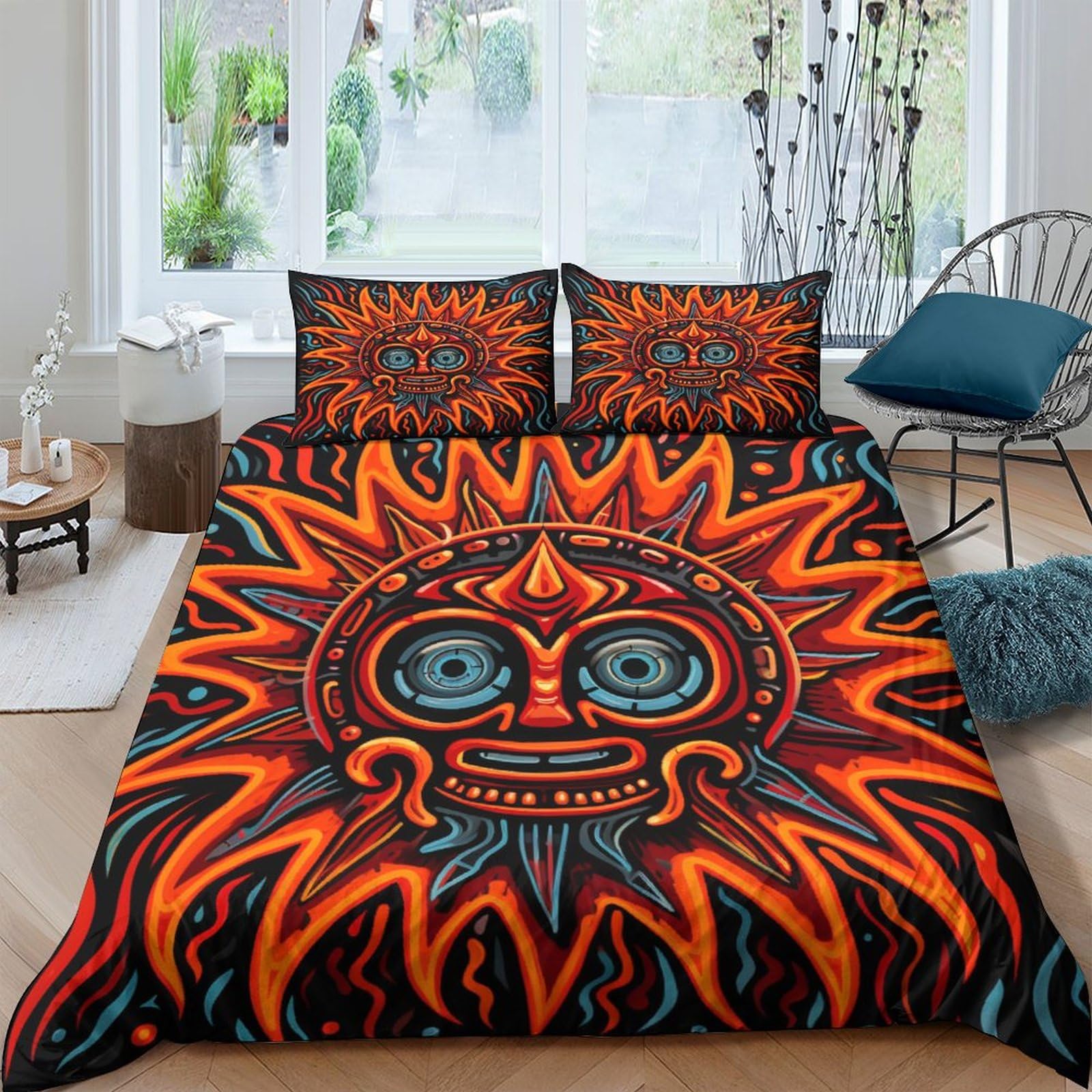Housse de couette anti-plis et respirante 200x200 pour lit double motif soleil
