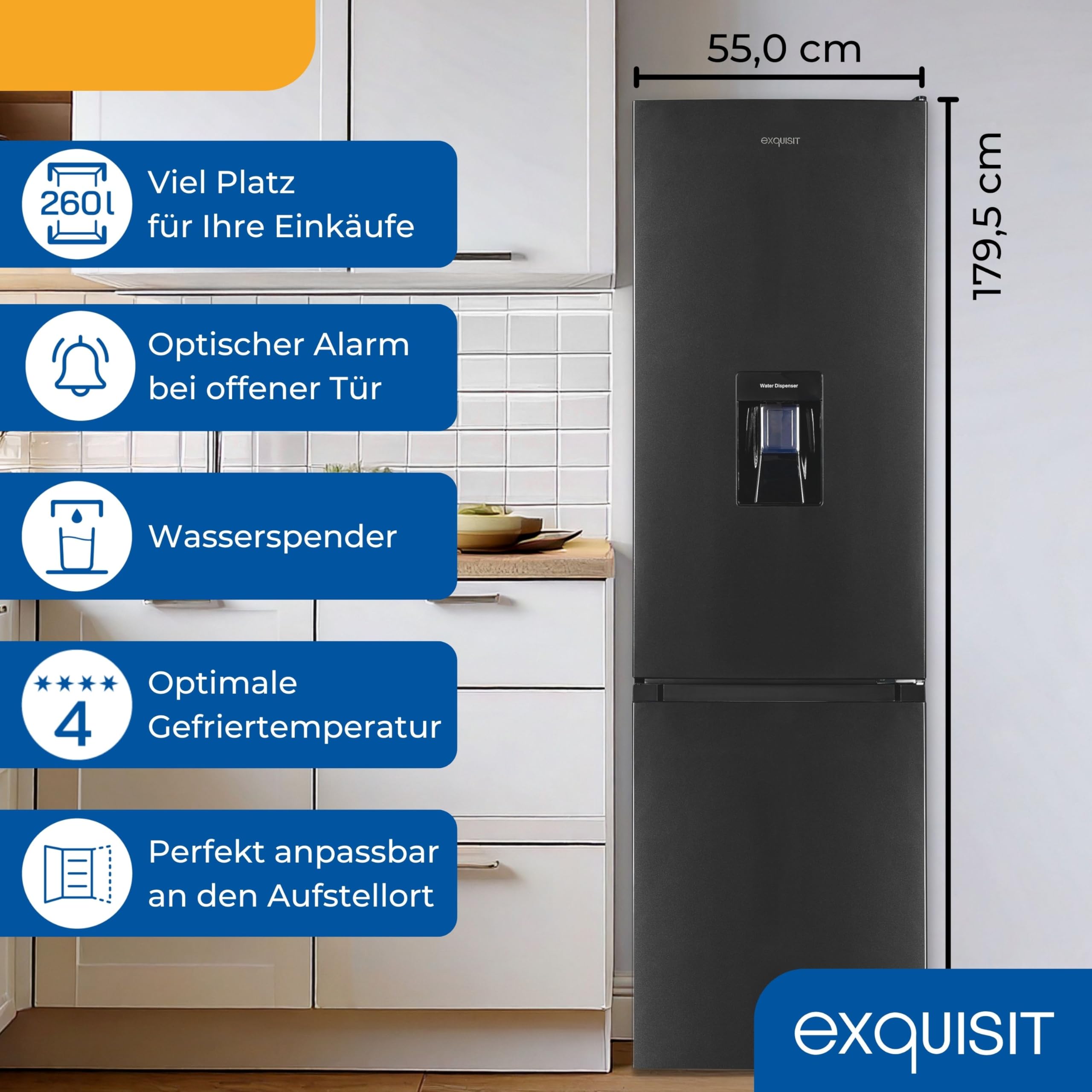 Exquisit Kühl-Gefrierkombination KGC5265-70-WS-040D 260 l Nutzinhalt Energieklasse D 40 dB(A) Wasserspender LED-Beleuchtung inoxlook