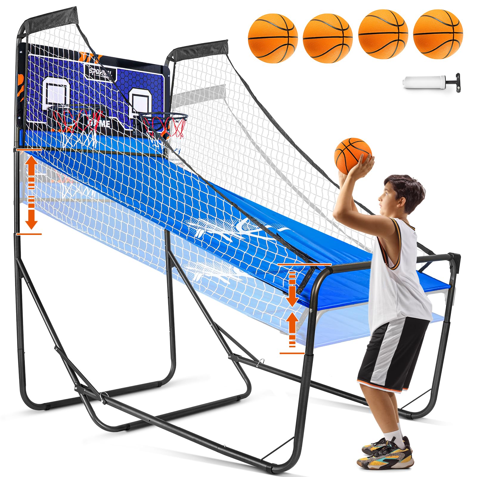 Dual Shot Sport, Basketball Arcade Machine with Adjustable on Front & Back – Foldable Indoor Basketball Game for Home, Gym & Multiplayer Fun | 8 Game Modes W/ 4 Balls & LED Scoreboard and Timer