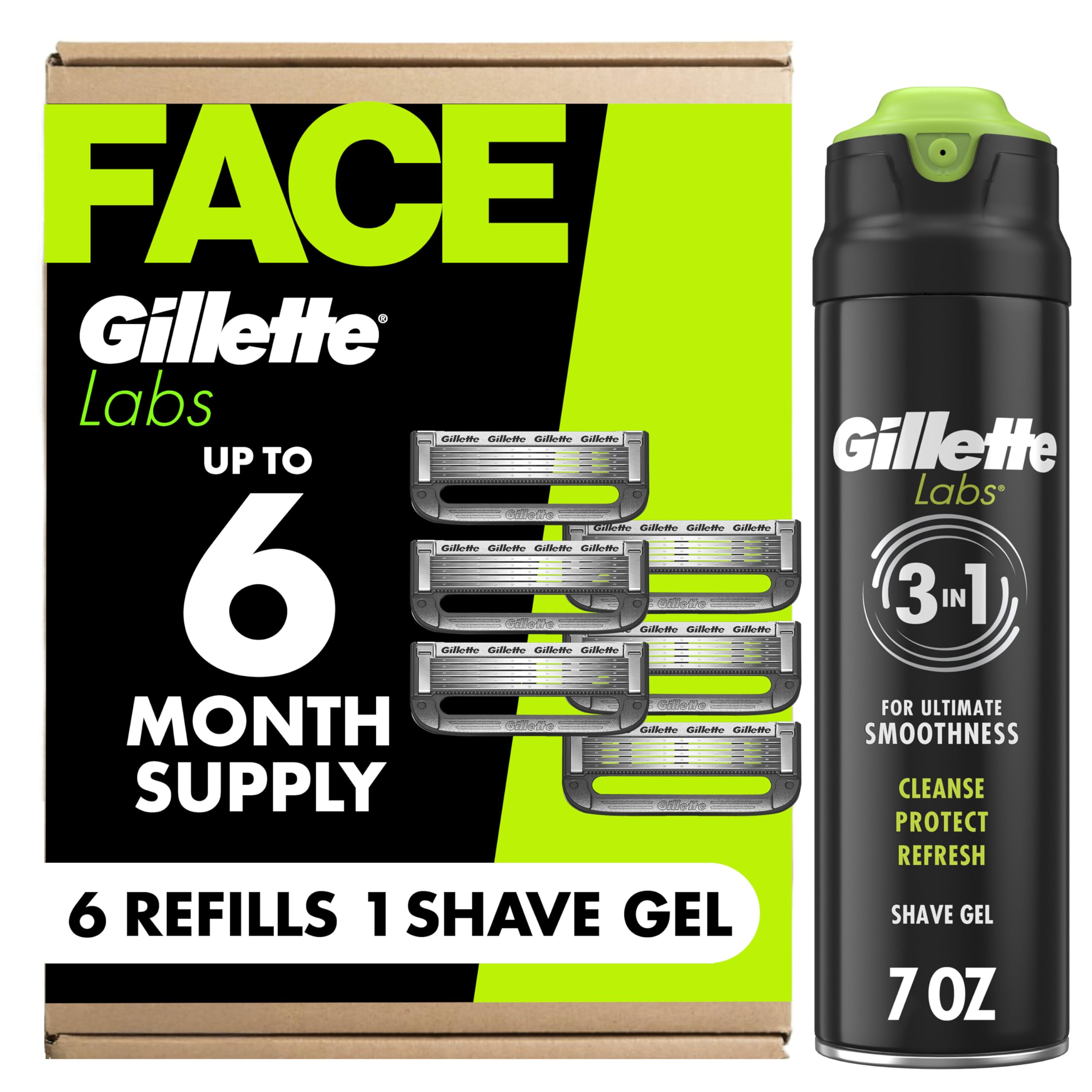Gillette Labs Razor Refills for Men, 6 Razor Blade Refills and 7oz Rapid Foaming Shave Gel 6 Count (Pack of 1)