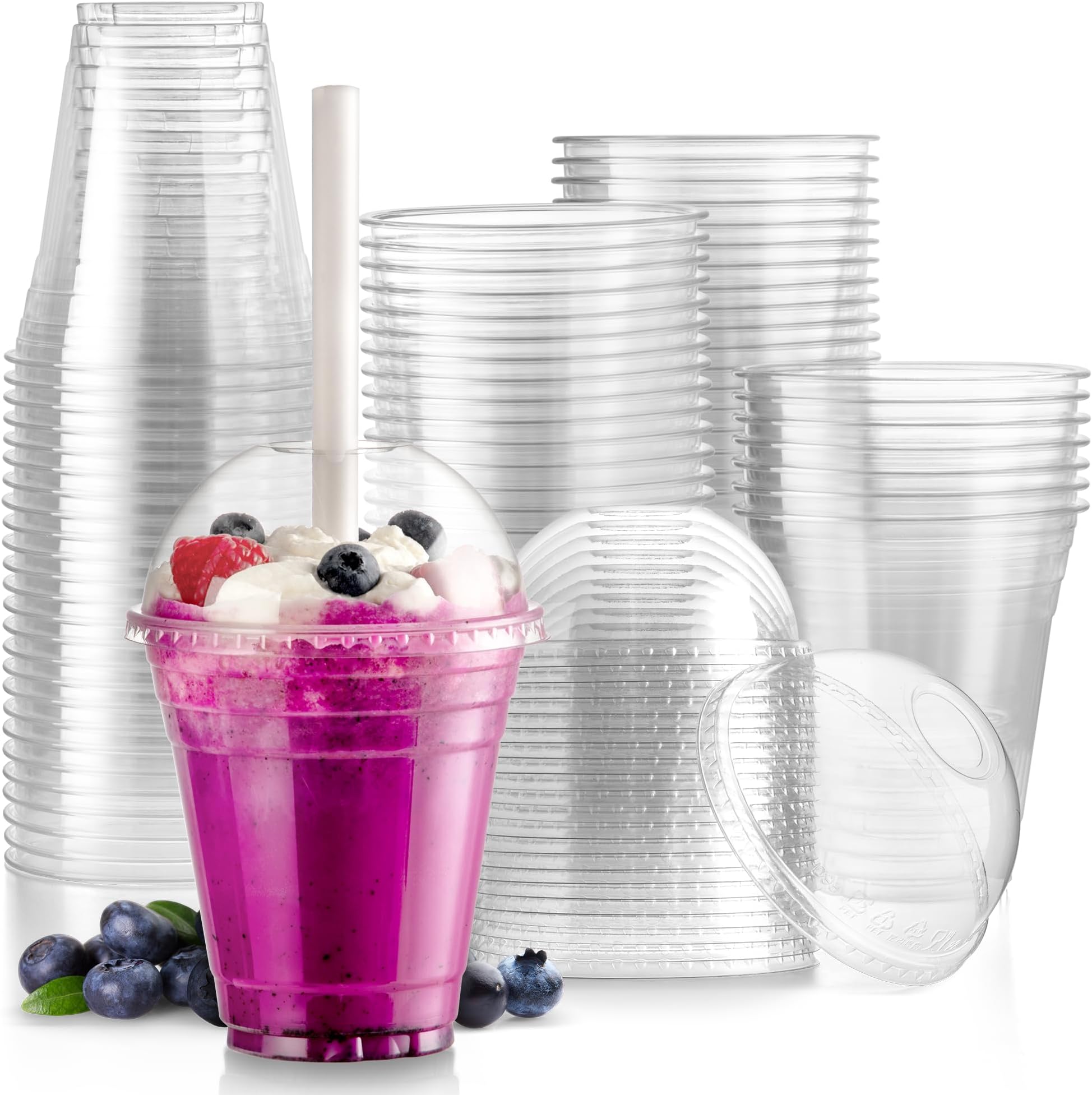 Fit Meal Prep [100 Pack] 12 oz Clear Plastic Cups with Dome Lids, Disposable Iced Coffee Cups, BPA Free Crystal Boba Cup for Party, Smoothie, Juice, Frappuccino, Bubble Boba, Dessert, Fruit, Milkshake