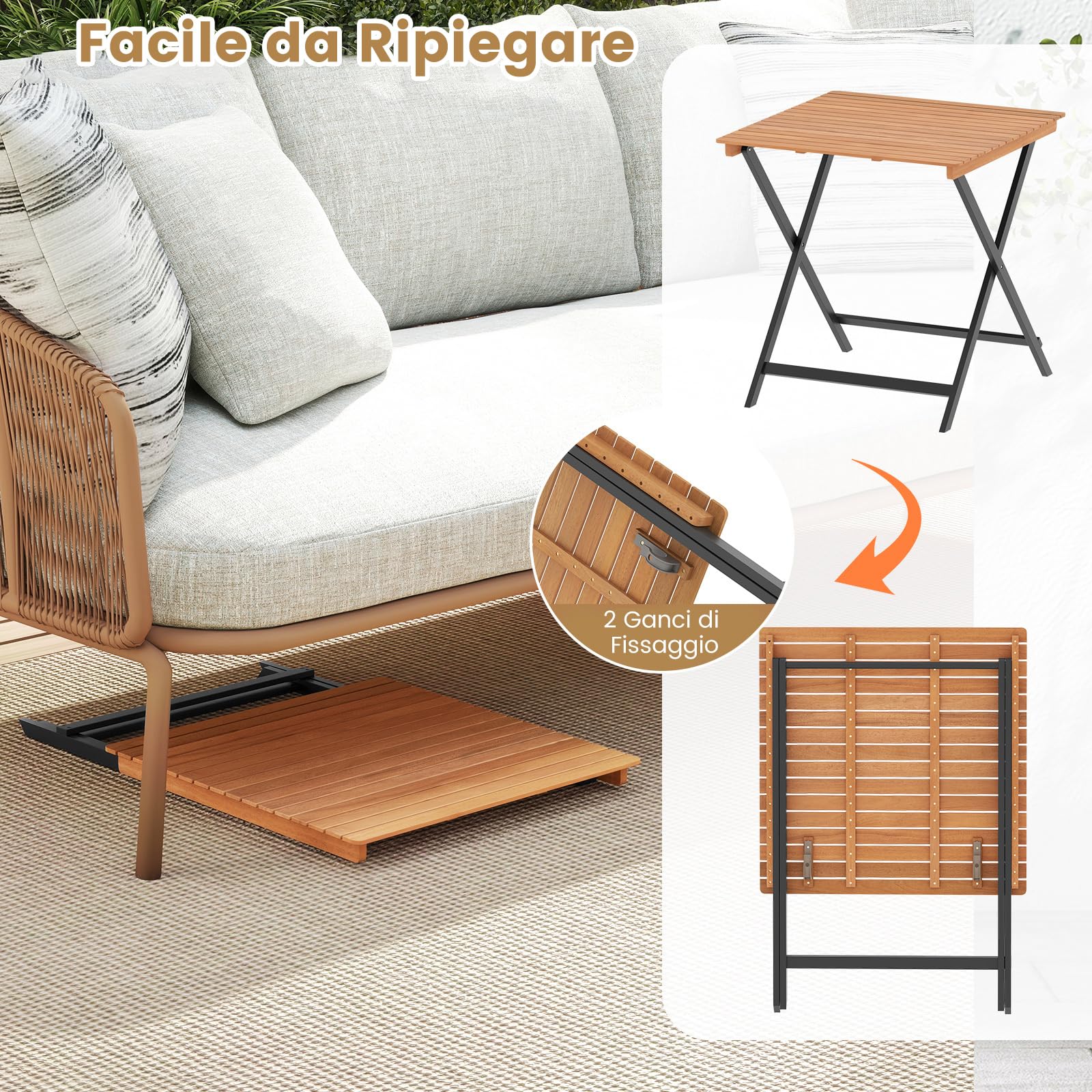 COSTWAY Tavolo Pieghevole da Esterno, Quadrato in Legno di Acacia, 2 Ganci di Fissaggio, Struttura a X, per Balcone Terrazzo Giardino, Portata 80 kg