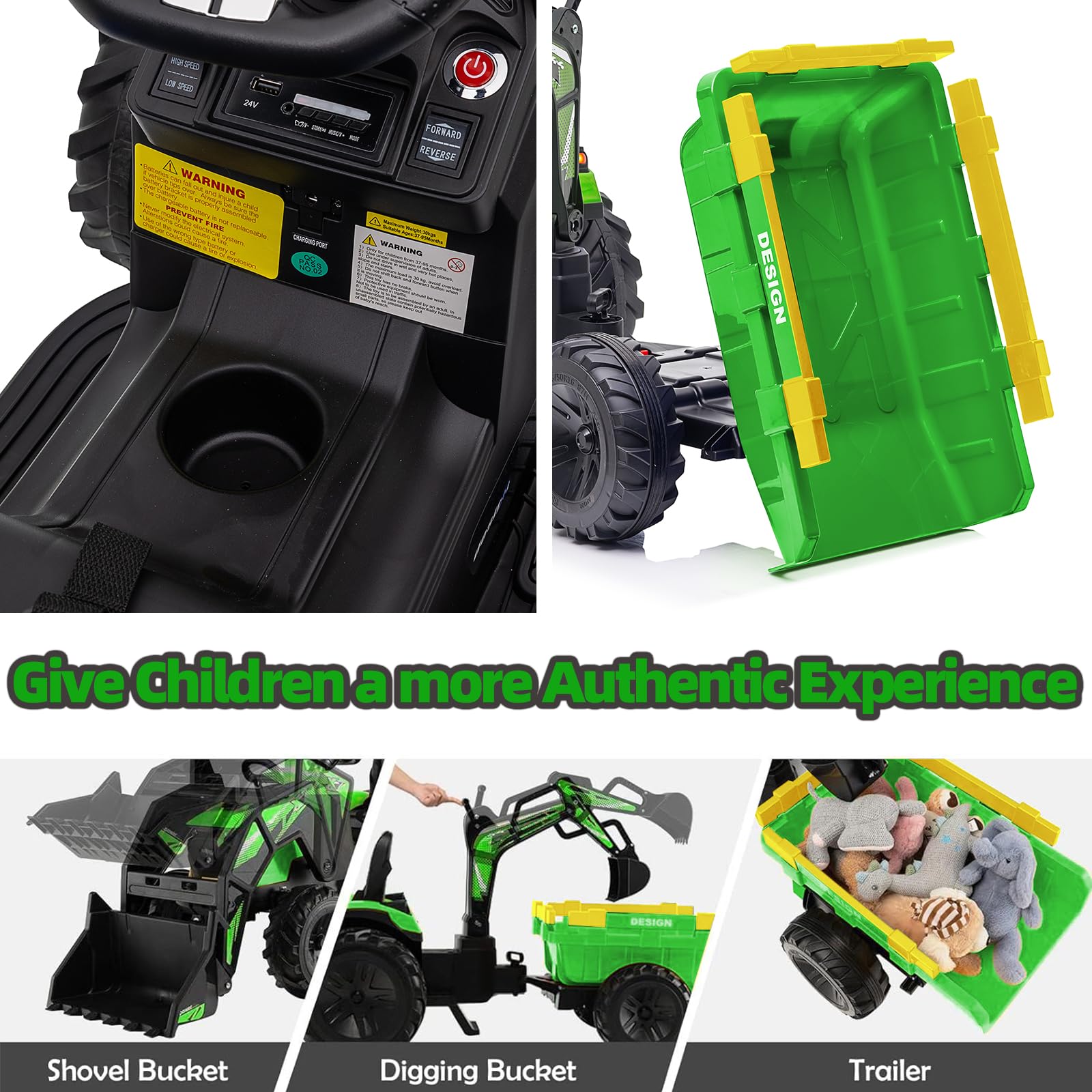 Tractor 3 en 1, juguete de paseo de 24 V para niños grandes, excavadora - Vehículo eléctrico a batería con remolque, excavadora, control remoto, luces LED, música, USB, funciona con pilas, verde 5