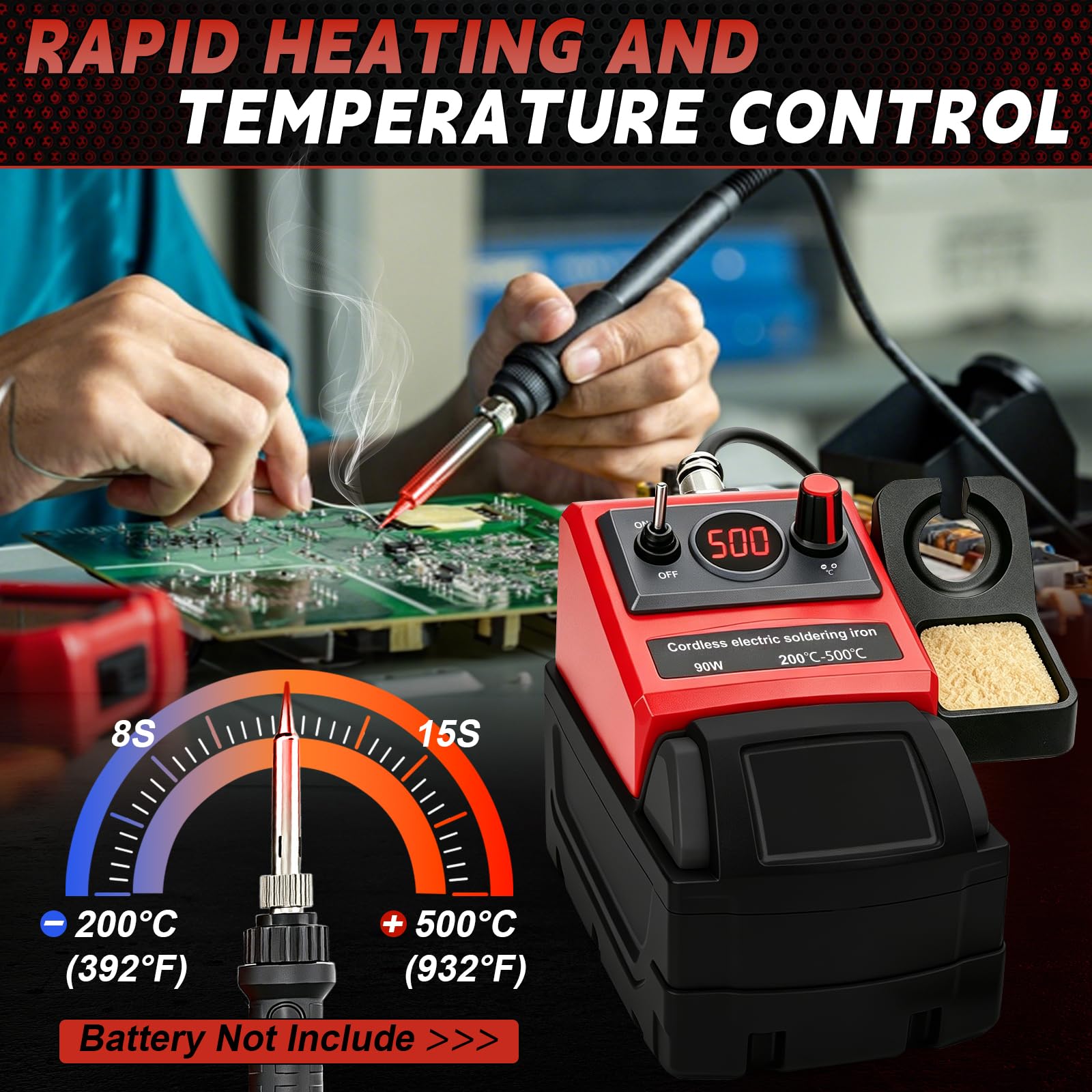 Estación de Soldadura a Batería para Milwaukee 18V (sin Batería) | 90W, Kit de Soldador, Temperatura 200–500°C, Pantalla LCD, 5 Puntas, Bobina de Hilo, para Bricolaje