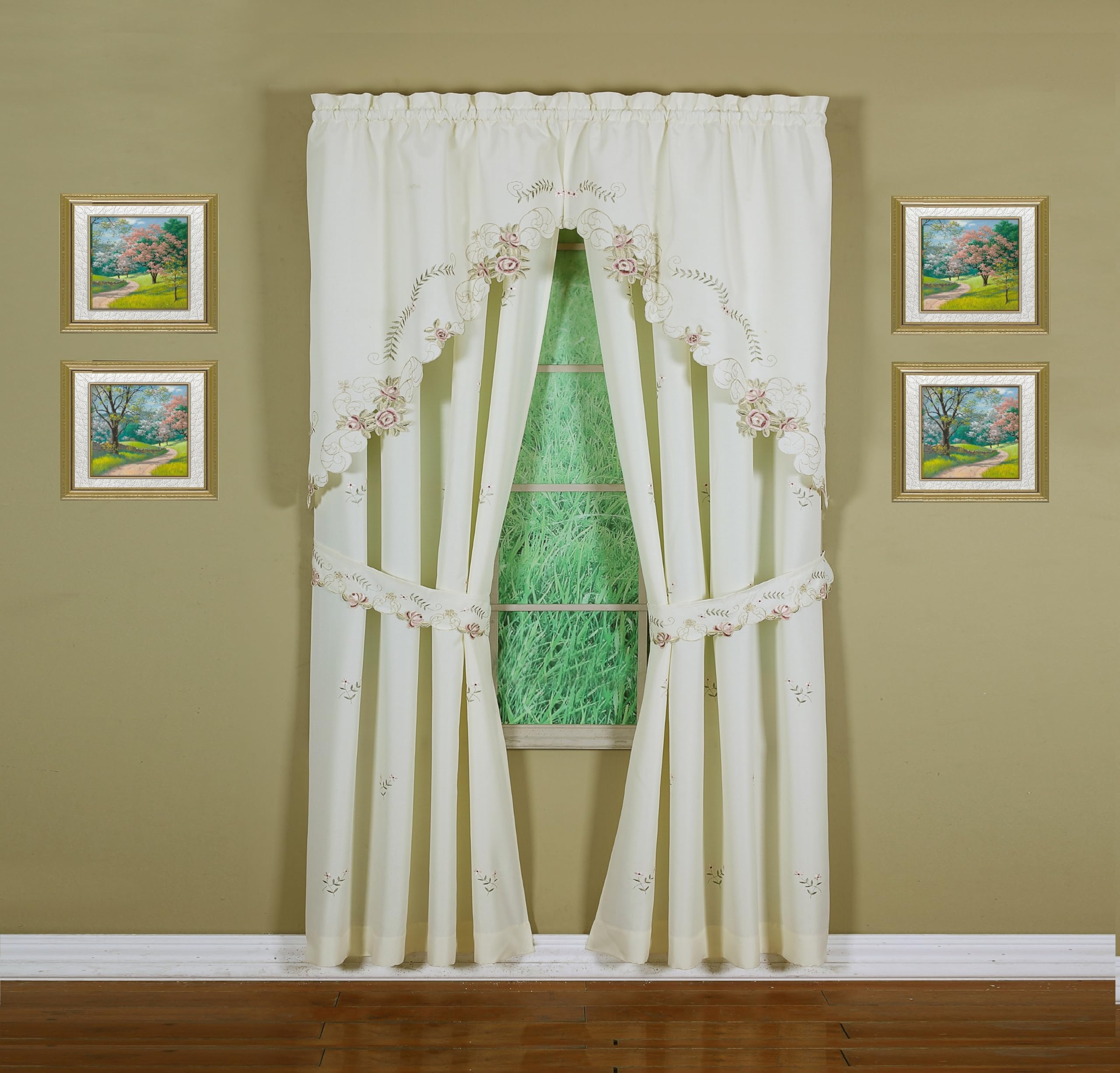 Today's Curtain Verona Reverse Embroidery Panel Pair and Tiebacks, 72", Ecru/Rose, 80" W X 72" L