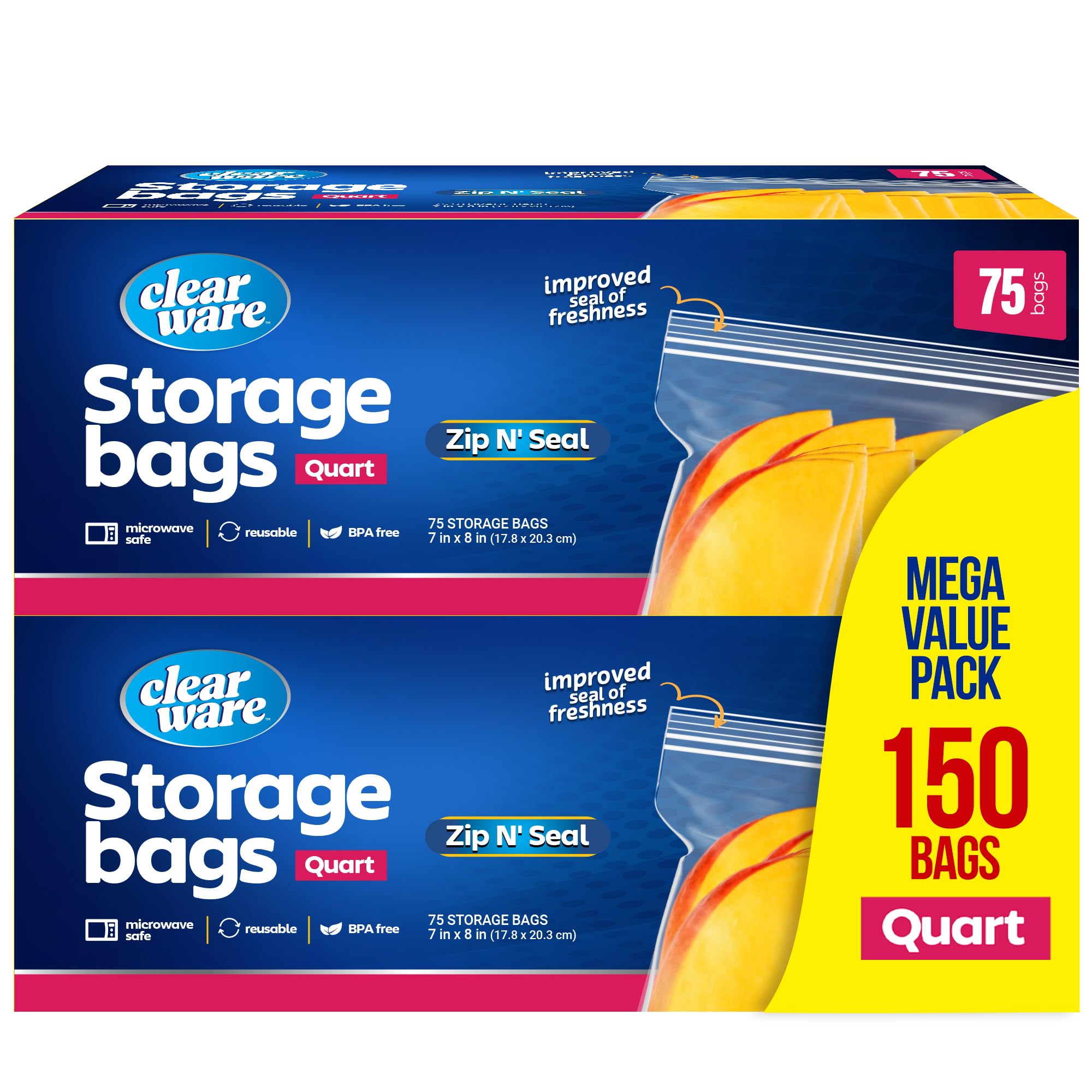 Quart Storage Bags, Double Zipper Seal - 150 Count, Resealable Thick Plastic Food Storage Bags - Microwave-Safe, Zero BPA - Reusable Containers for Lunch, Snacks, Meals - 2 Boxes