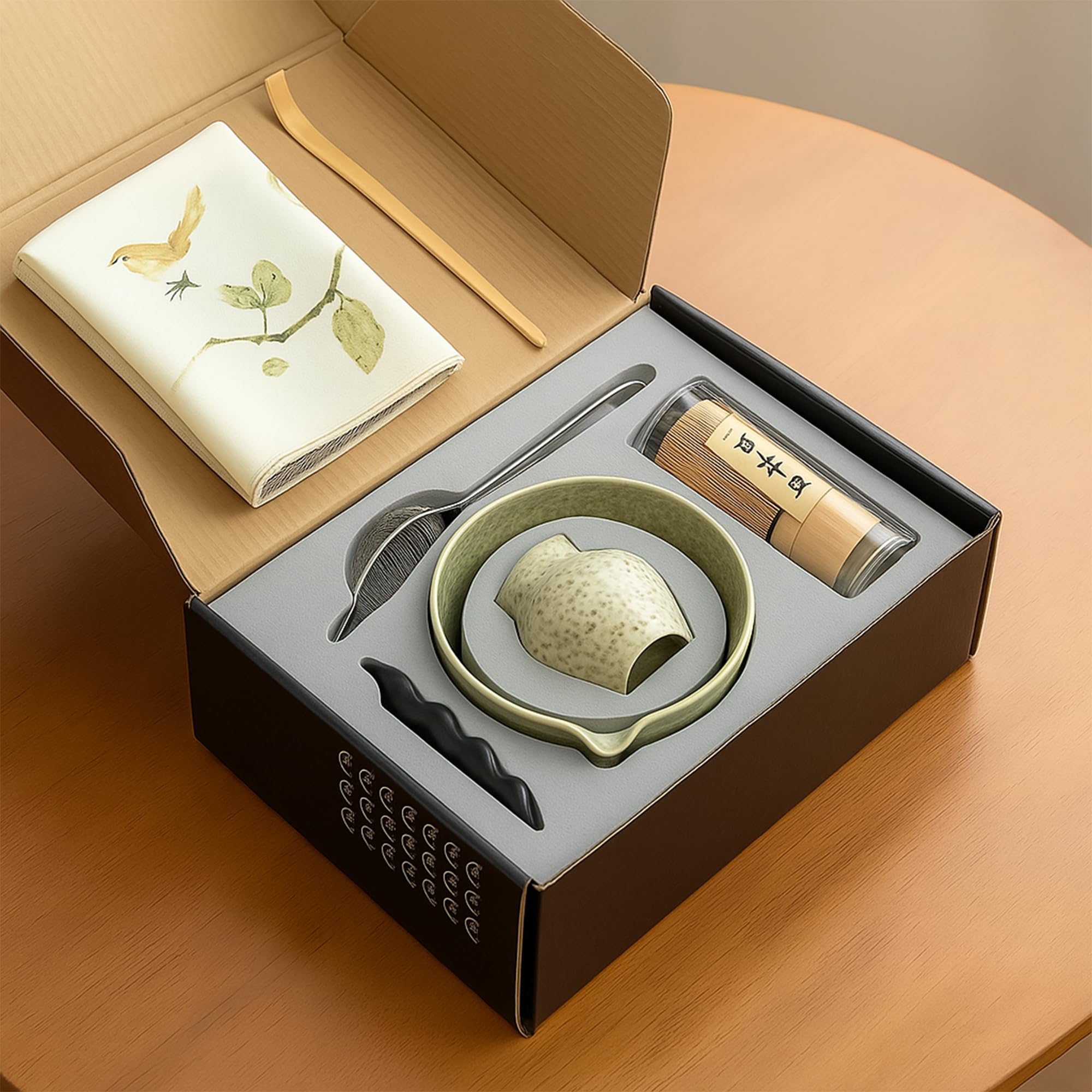 Matcha Set 7-teilig – Premium Tee Set mit Keramik Matcha Schale, Bambus Schneebesen (Chasen), Sieb & Löffel – Japanisches Matcha Zubehör Geschenkset (Green)