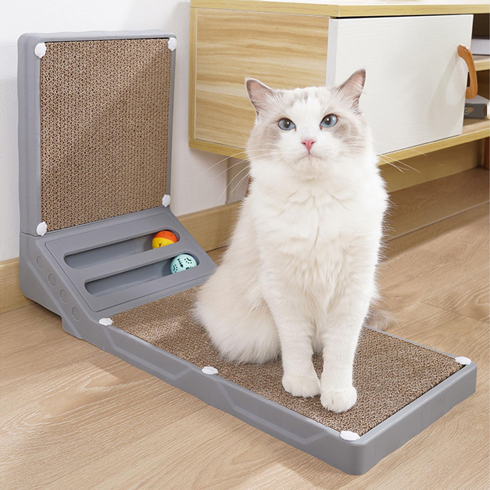 Rascador Vertical de cartón en Forma de L, 23.62 Pulgadas, con Bolas de Hierba gatera incorporadas, rascador de cartón con Bola para Gatos de Interior, tamaño Grande (Grey)