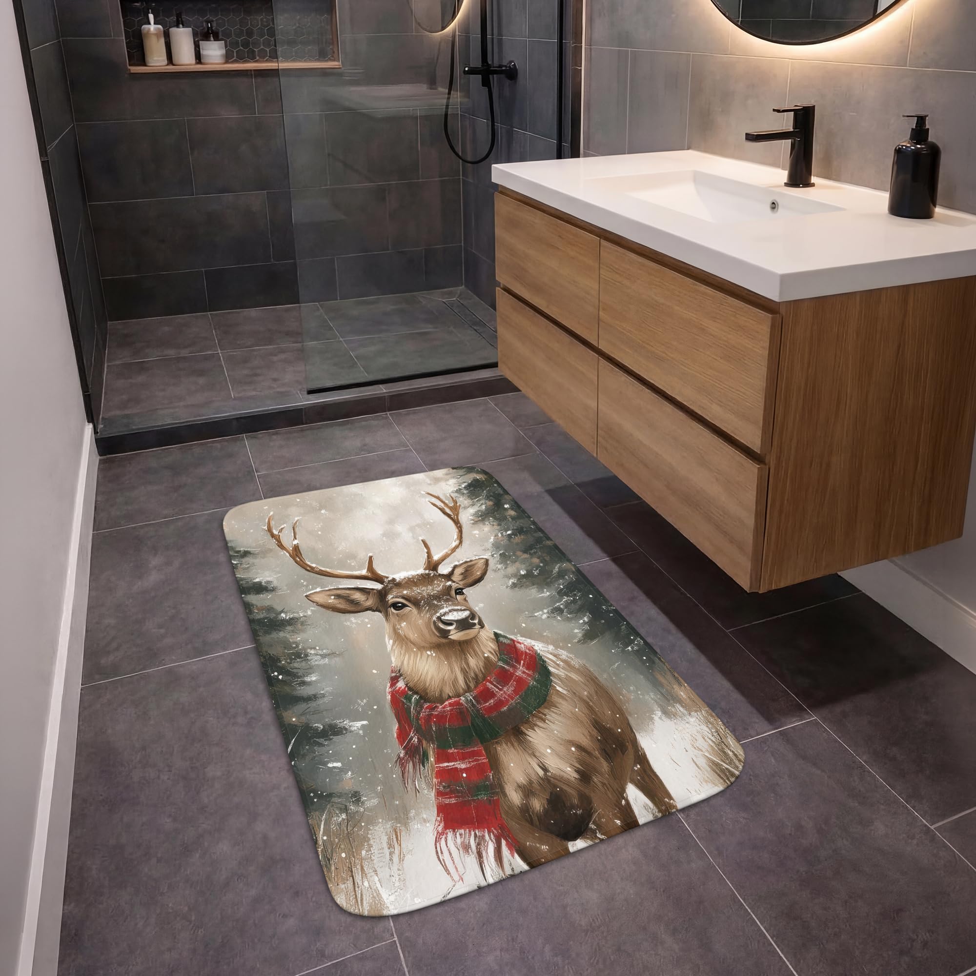 Alfombra De Baño Rectangular 60x90 cm Bathroom Bath Mat Lavable Tapete Antideslizante Alfombras Ducha Decoracion Alfombrilla Invierno - Bosque - Reno - Oscuridad