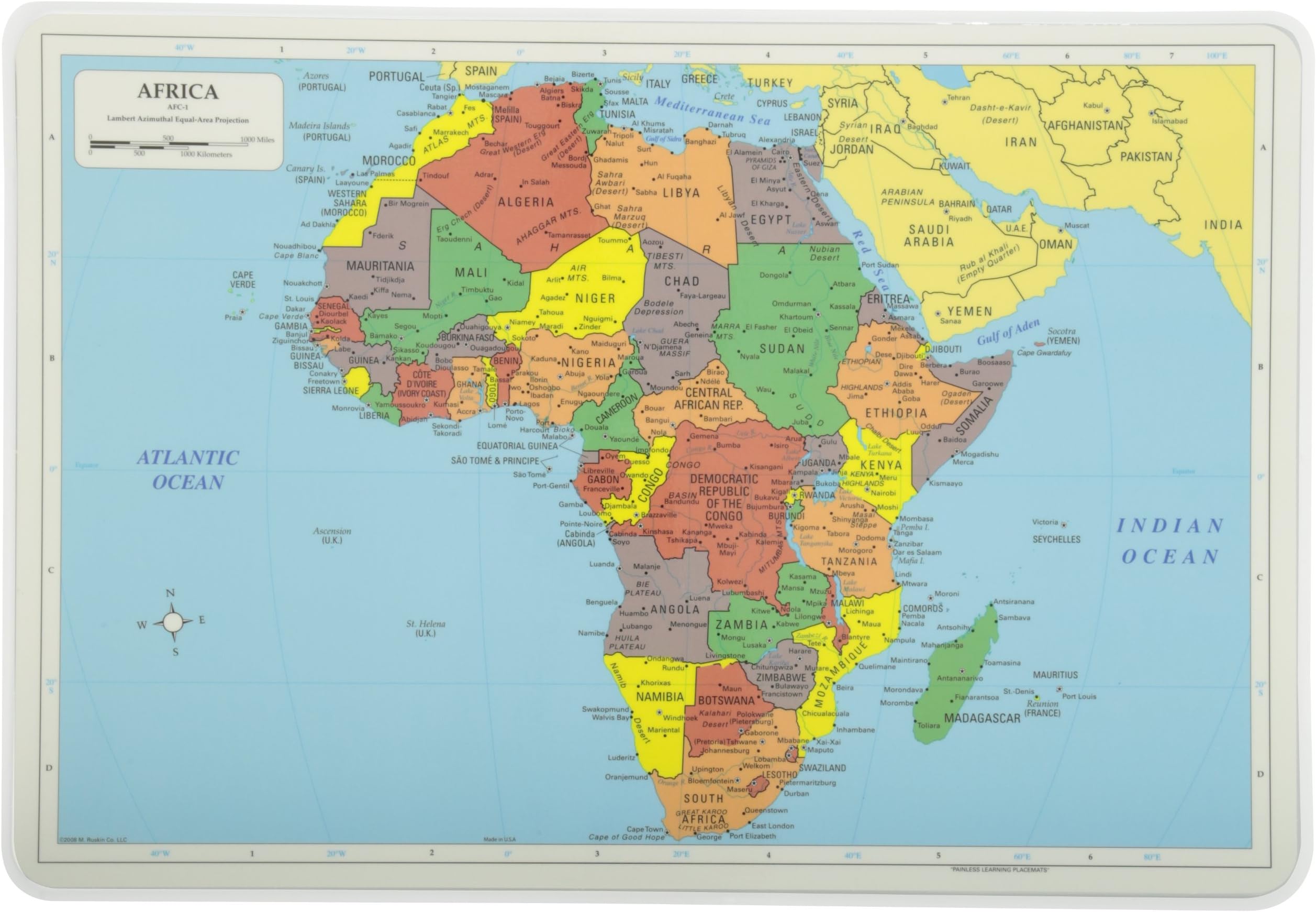 Painless Learning Educational Placemat Sets; USA, World, Europe, Asia, Africa, South