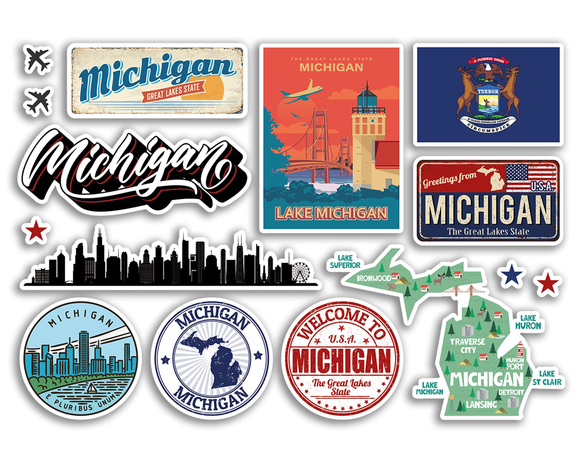A5 Sticker Sheet Michigan Landmarks Vinyl Stickers - America States USA American Airport Stamps Skyline Flag Map Travel Holiday Scrapbooking City Luggage #79182