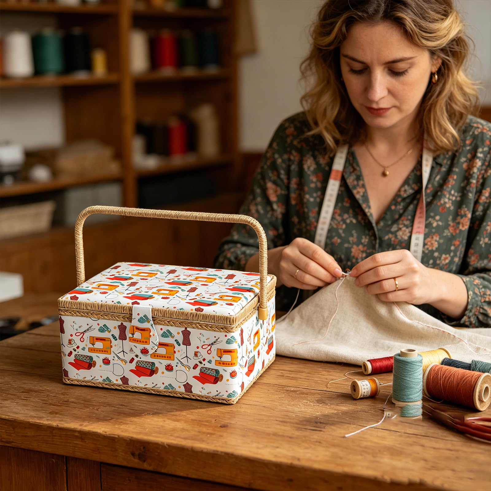 Organizzatori per cucito in legno e tessuto con design di grande capacità per tenere in ordine fili e utensili in legno
