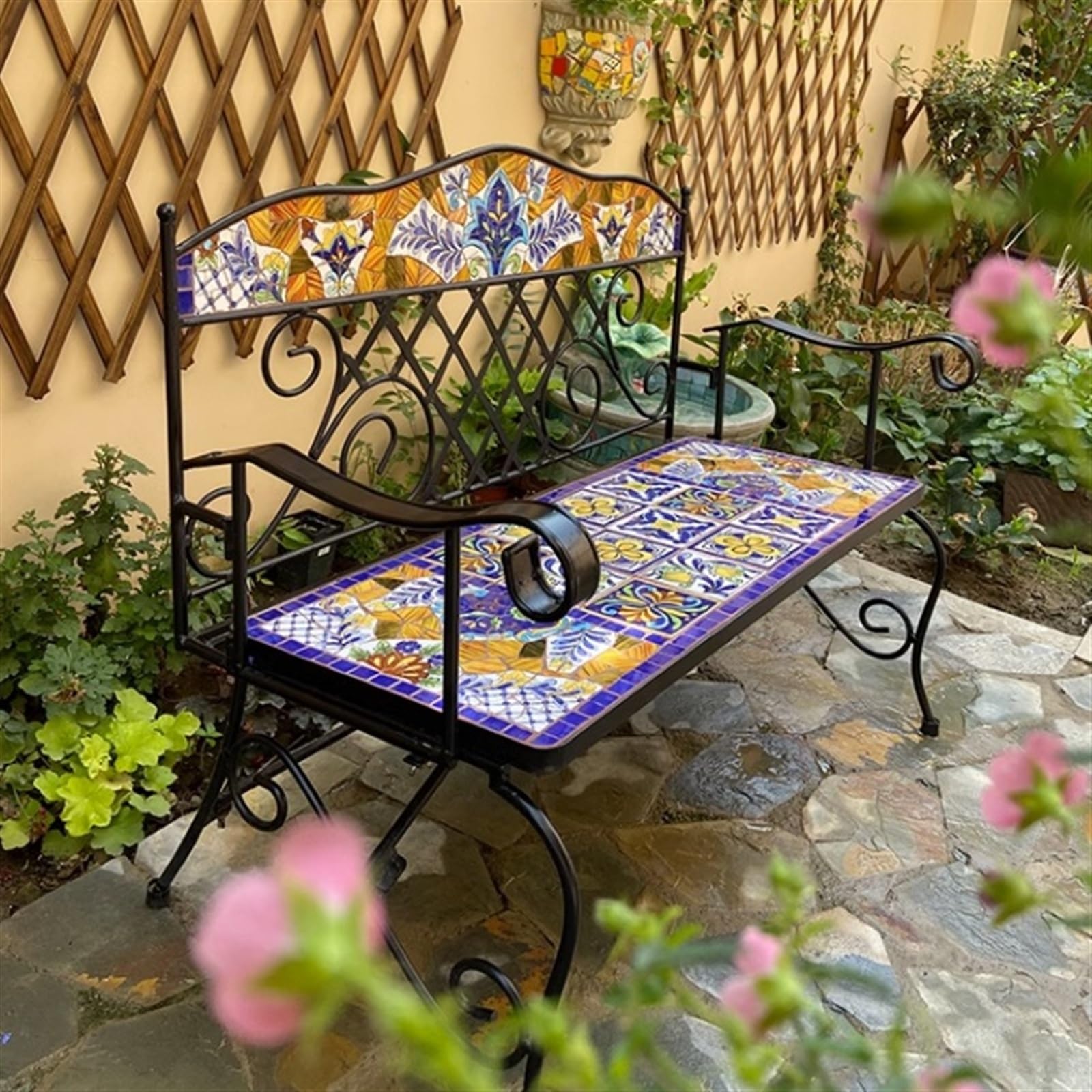 Panchina da giardino Panca da esterno, panca da giardino doppia da 41,3 pollici, struttura in metallo e sedili in ceramica dipinti a mano Panchina esterna