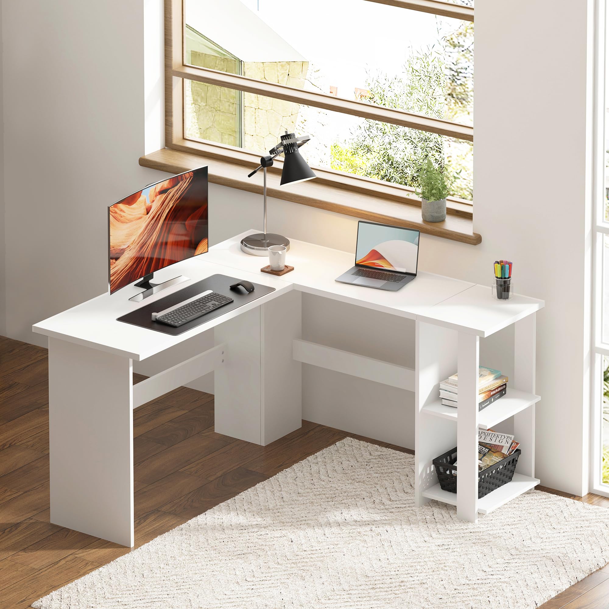 SogesHome Scrivania Angolare grande con 2 Ripiani Scrivania per Computer a Forma L Tavolo PC Robusto Postazione di Lavoro per Casa Ufficio Studio,130 cm x 136 cm