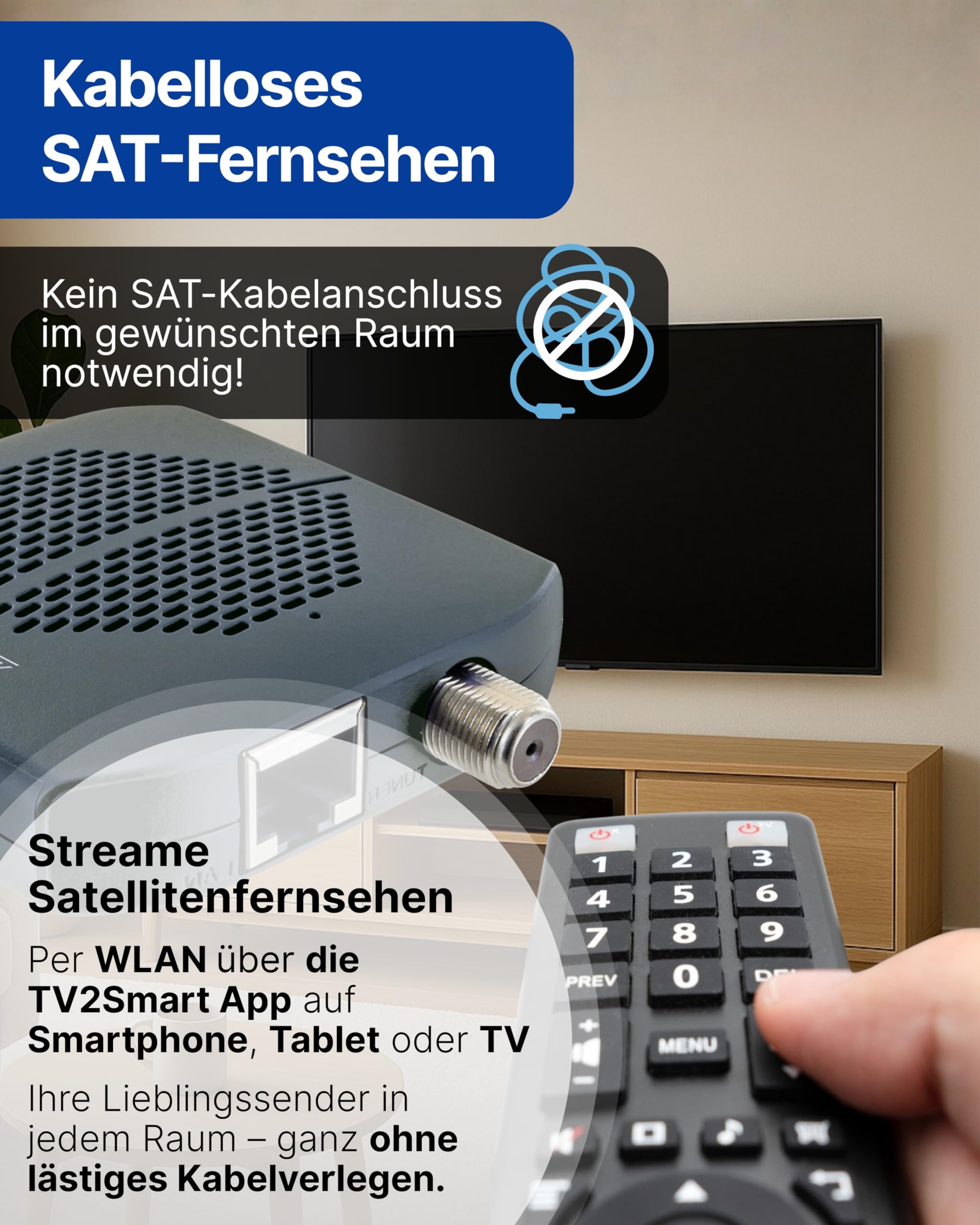 SCHWAIGER SAT Receiver I SAT-Dongle für Digitale Fernsehsignale per WLAN I kabelloses Streaming von Satellitenfernsehen per WiFi über TV2Smart App I drahtloser Satellitenempfänger für Fernseher