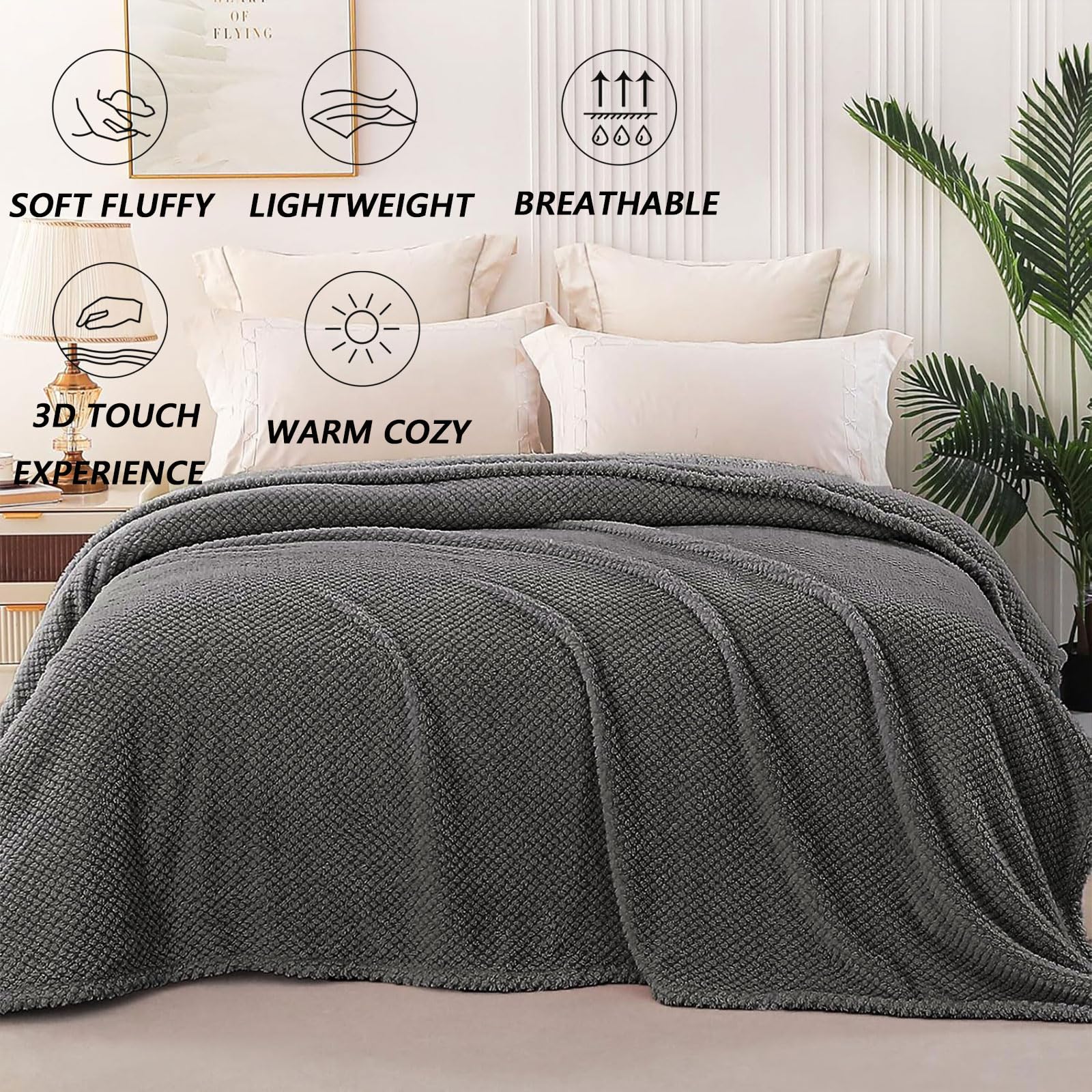 Manta Franela 130 x 170 cm Exquisita y Cálida Manta para Todas Las Estaciones de Franela Polar para Sofá y Cama, Gris Oscuro