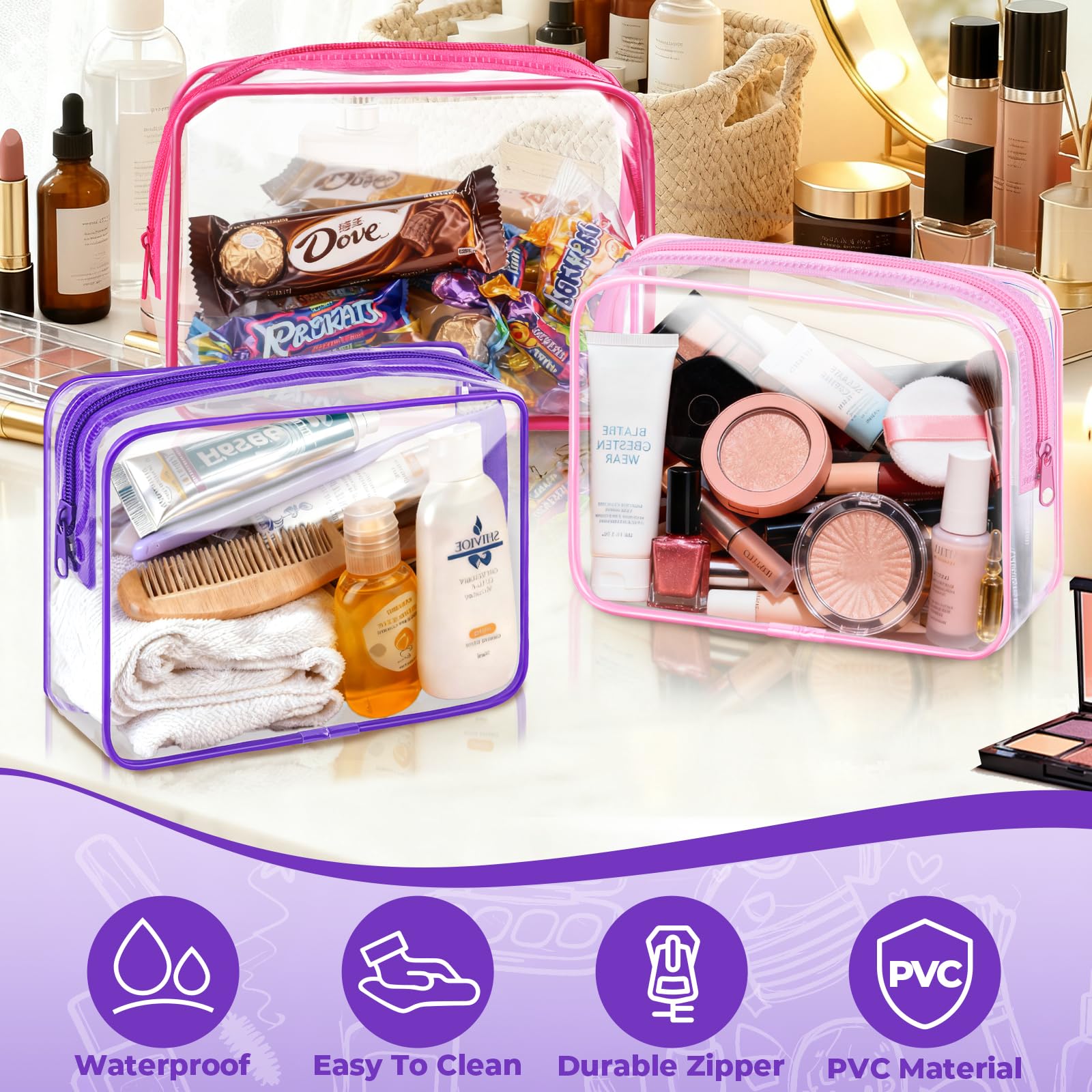 6 bolsas de maquillaje transparentes aprobadas por la TSA, bolsa de aseo para viajes, PVC, impermeable, bolsa de cosméticos transparente con cremallera para hombres y mujeres, artículos