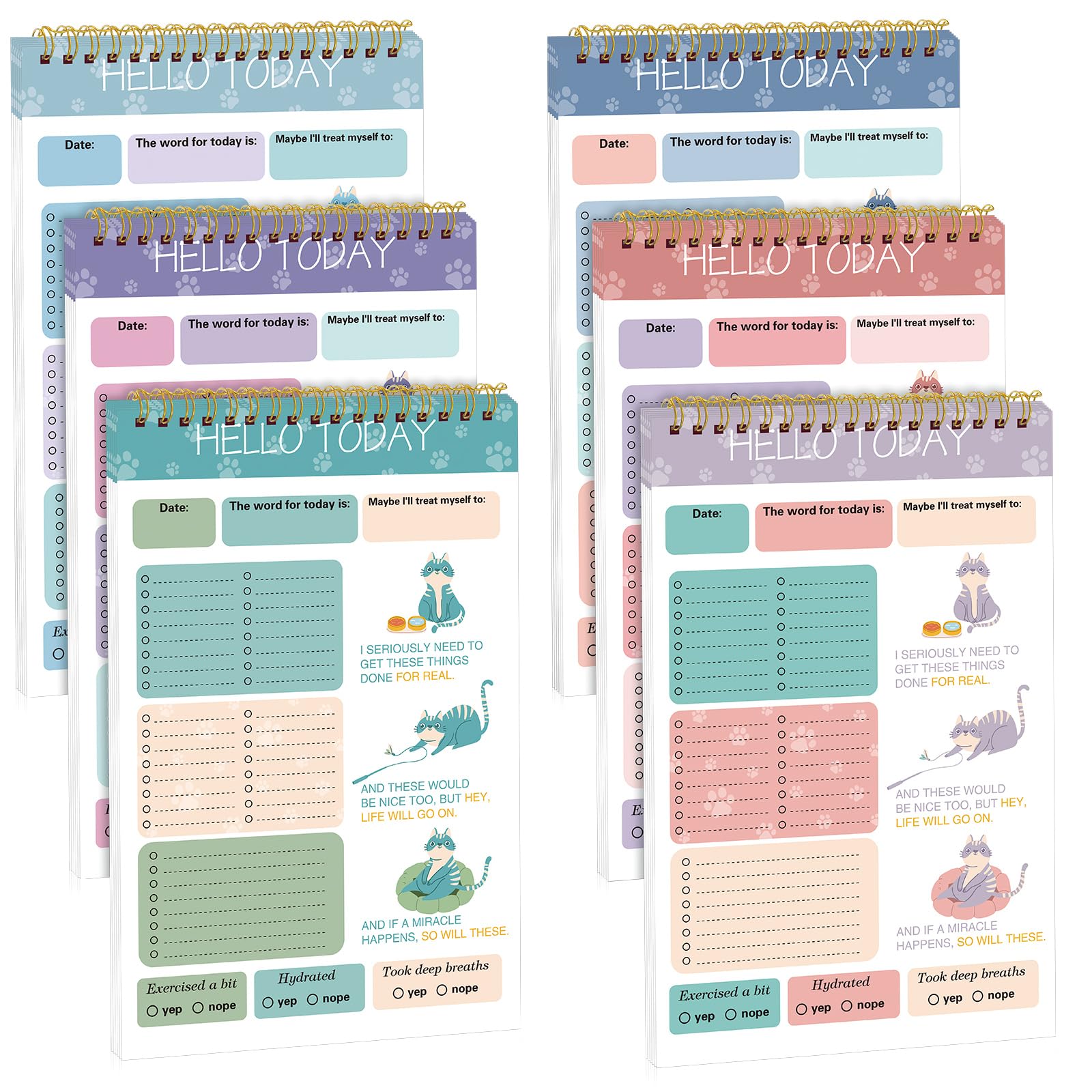 6 Pack To Do List Notepad Cat Witty Daily Planner Undated 7.8 x 5.2 Inch Spiral Daily Planner Notebook for Adults and Kids School Home, Office,180 Tear off Sheets