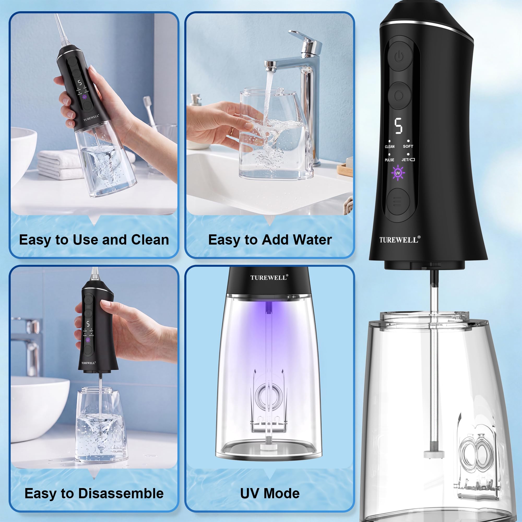 TUREWELL Idropulsore Dentale con Modalità UV, Irrigatore Orale Portatile | Serbatoio UVC 2 in 1, regolazione 5 livelli, impermeabile IPX7, batteria fino a 40 giorni, serbatoio 300 ml