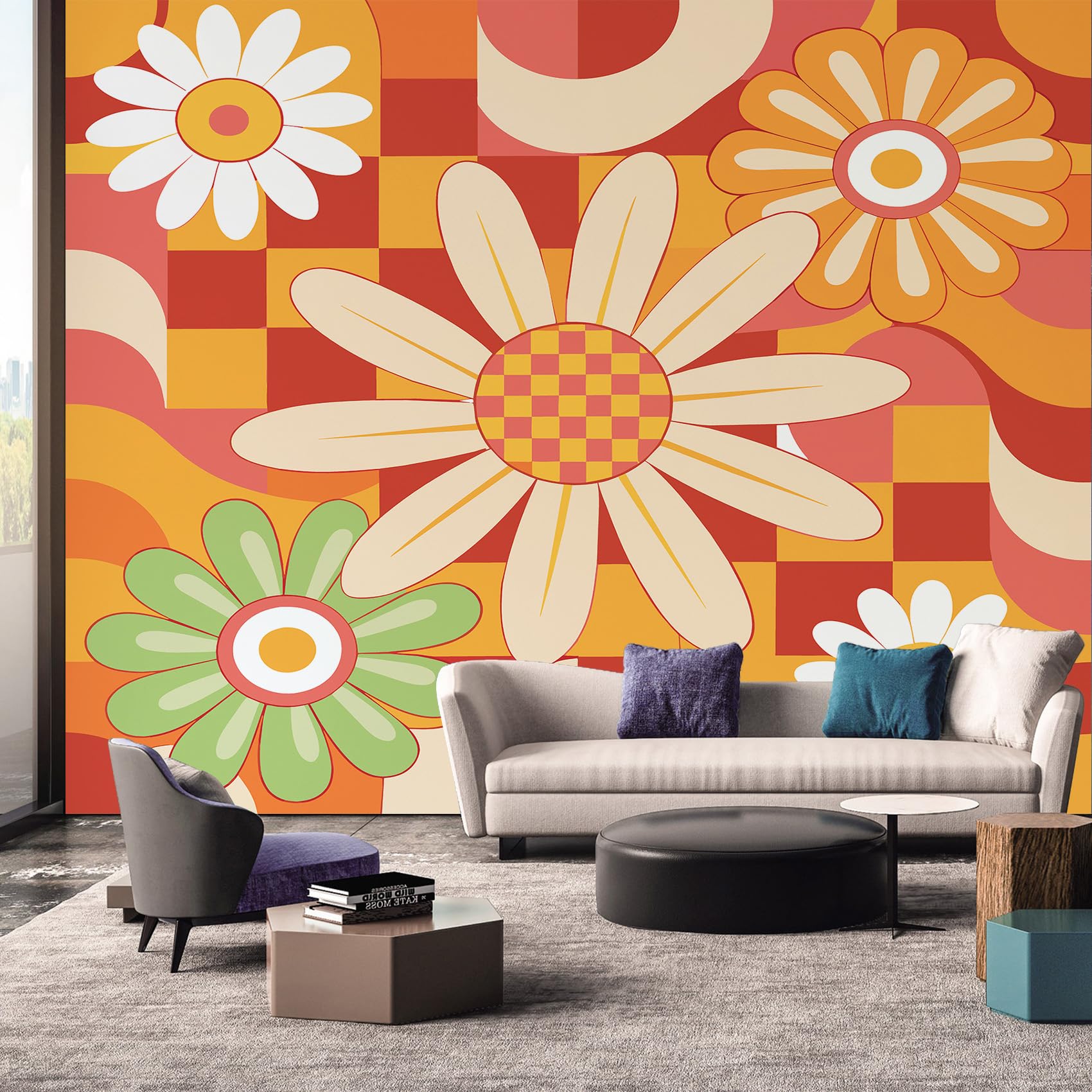 70s Wallpaper, Vintage Retro Floral Orange Wallpaper Murals, 70s Room Decor Wall Art for Bedroom Kitchen Living Room 500L x 350W cm