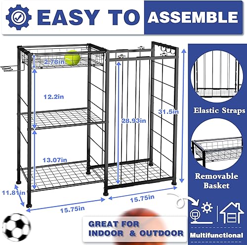 Miniatura 8 de Organizador de equipos deportivos, estante de almacenamiento de pelotas con correas elásticas y cesta extraíble para organización de garaje,