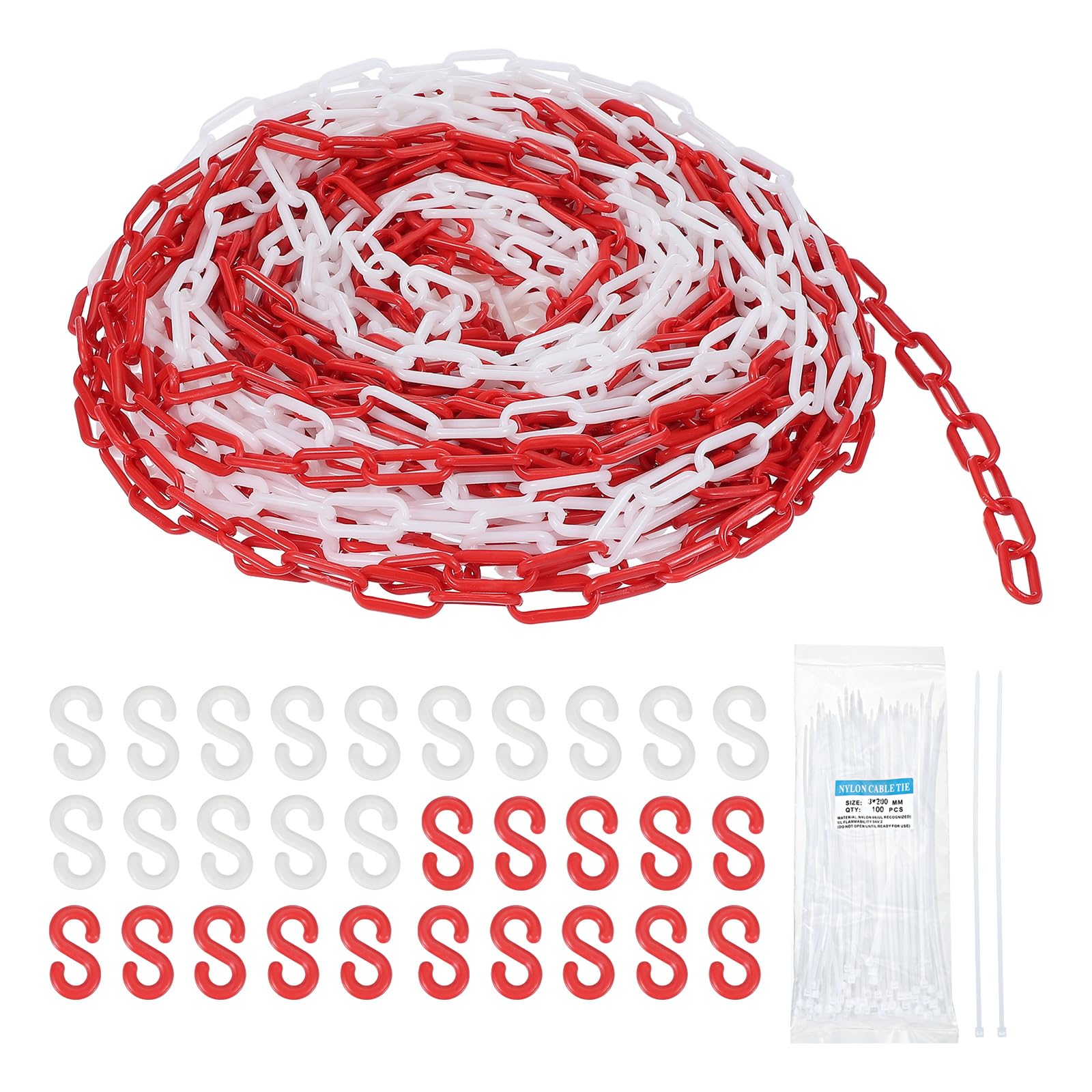 sourcing map Chaîne de sécurité en plastique de 46 m, barrière à maillons en plastique rouge et blanc avec attaches à glissière et crochets en S pour contrôle des foules et décoration de clôture