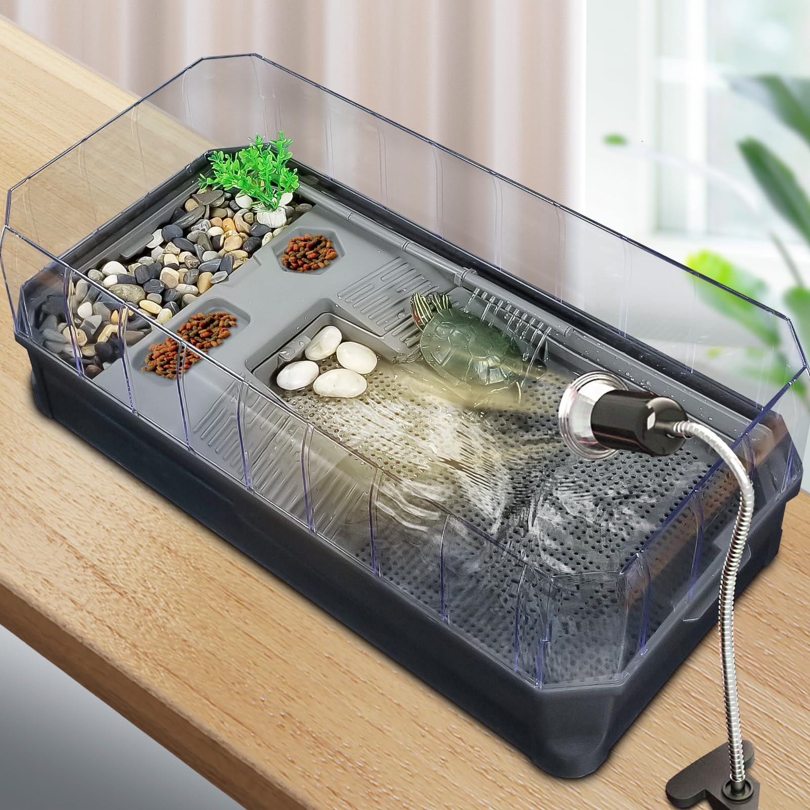 18.2''×9.1''×7.8'' Turtle Aquarium Turtle Tank kit Includes Accessories with Water Filter High Anti-Escape Fence and Large Space, Turtles can be Given a Shower Black Large