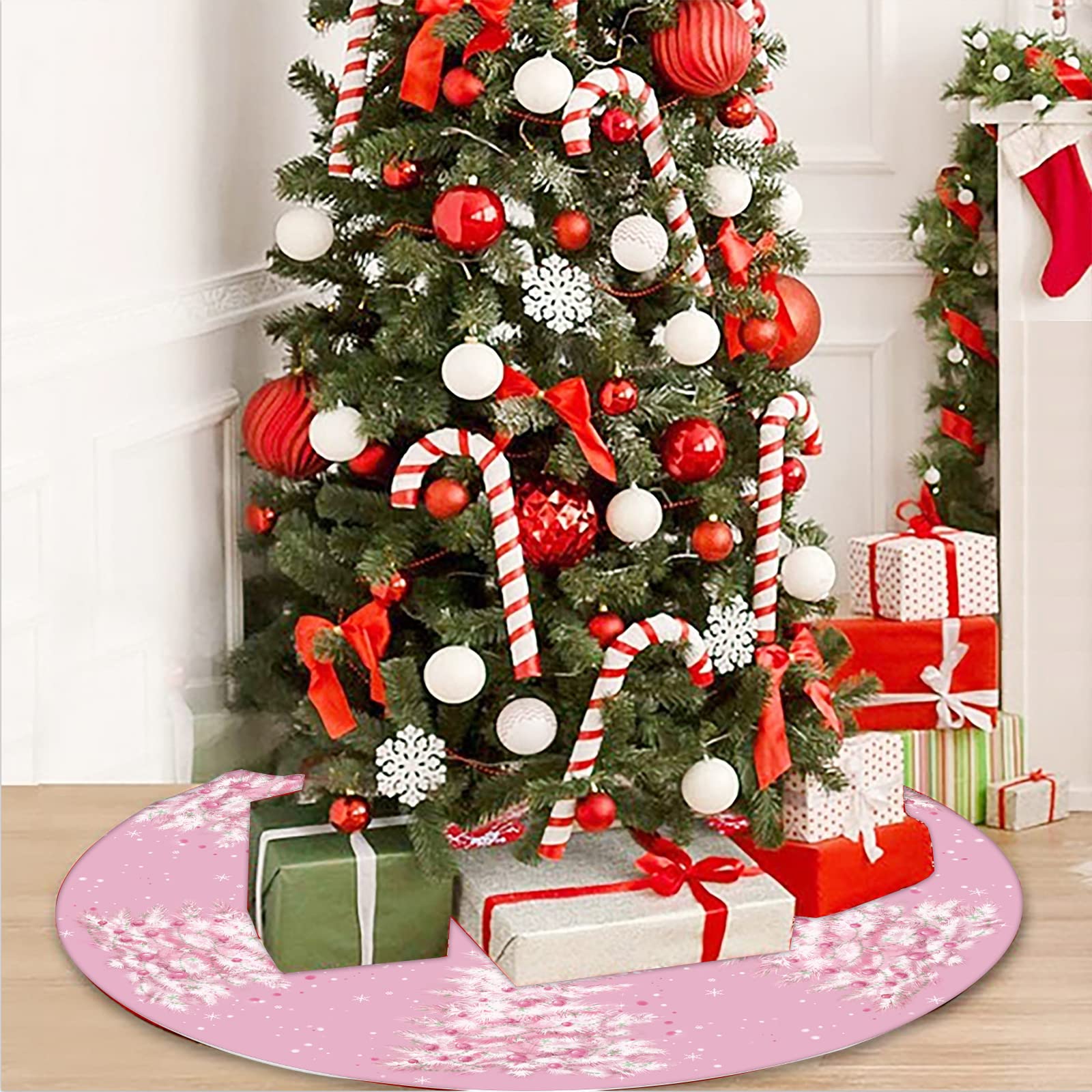 Jupe De Sapin De Noël Rouge - Tapis Décoratif 122cm Avec Motif Feuilles, Pour Sol Festif