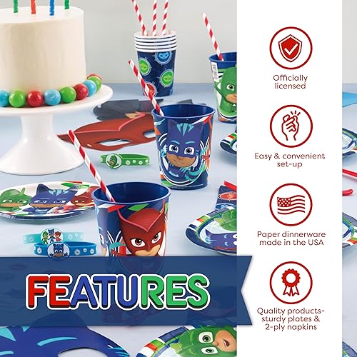 Miniatura 5 de PJ Masks - Juego de suministros para fiesta de cumpleaños, decoración, cubierta de mesa, platos, vasos, servilletas y botón para 16 invitados, niños