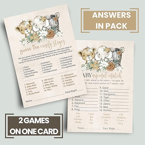 Miniatura 4 de Flora Safari Baby Shower Games Paquete 2 en 1 (25 invitados) Juego de barras de caramelo y juego de premios de baby shower, actividades divertidas