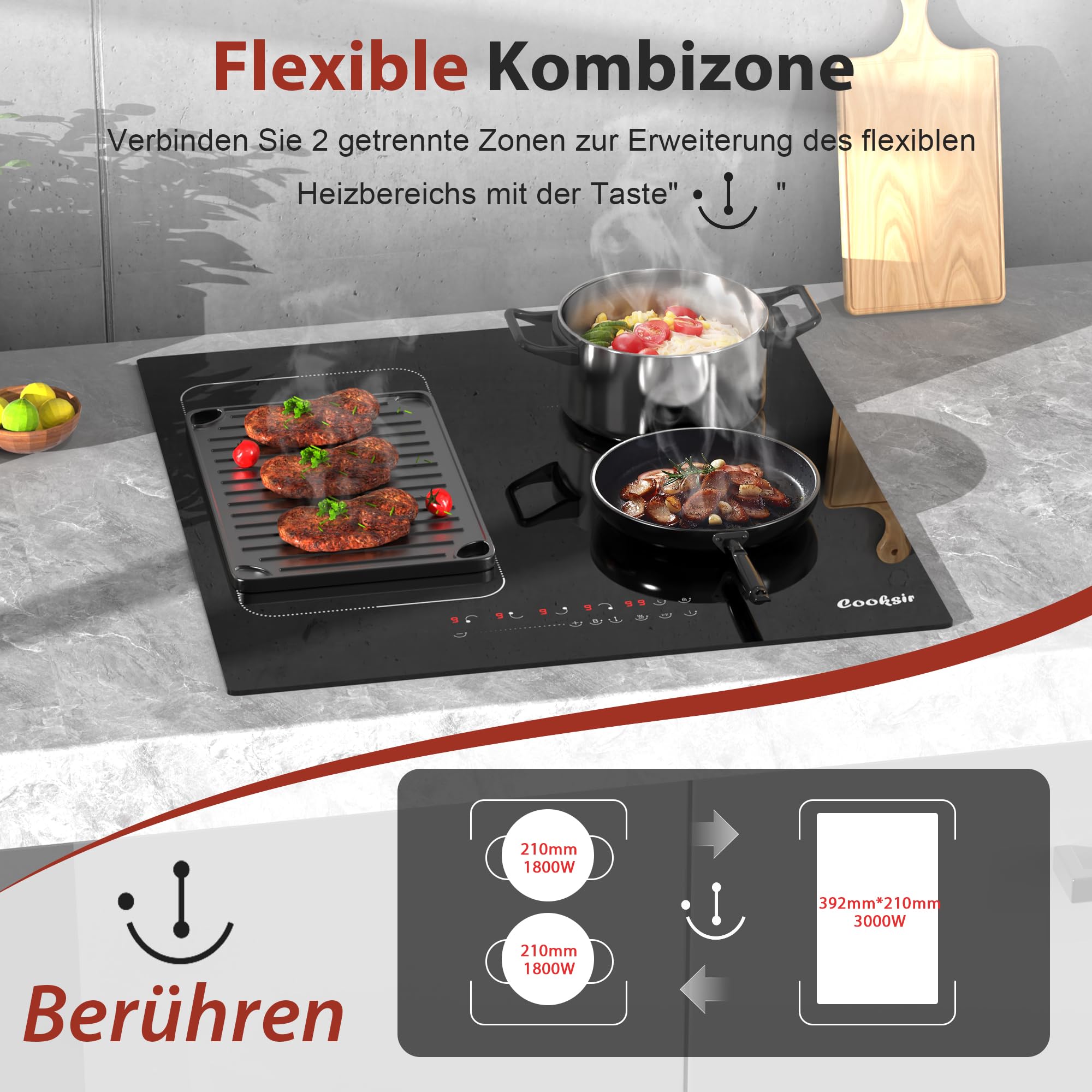 Cooksir Induktionskochfeld 4 Platten 60CM 3500W 220V 50Hz 16A-Stecker Flexible Kombinierte Zone
