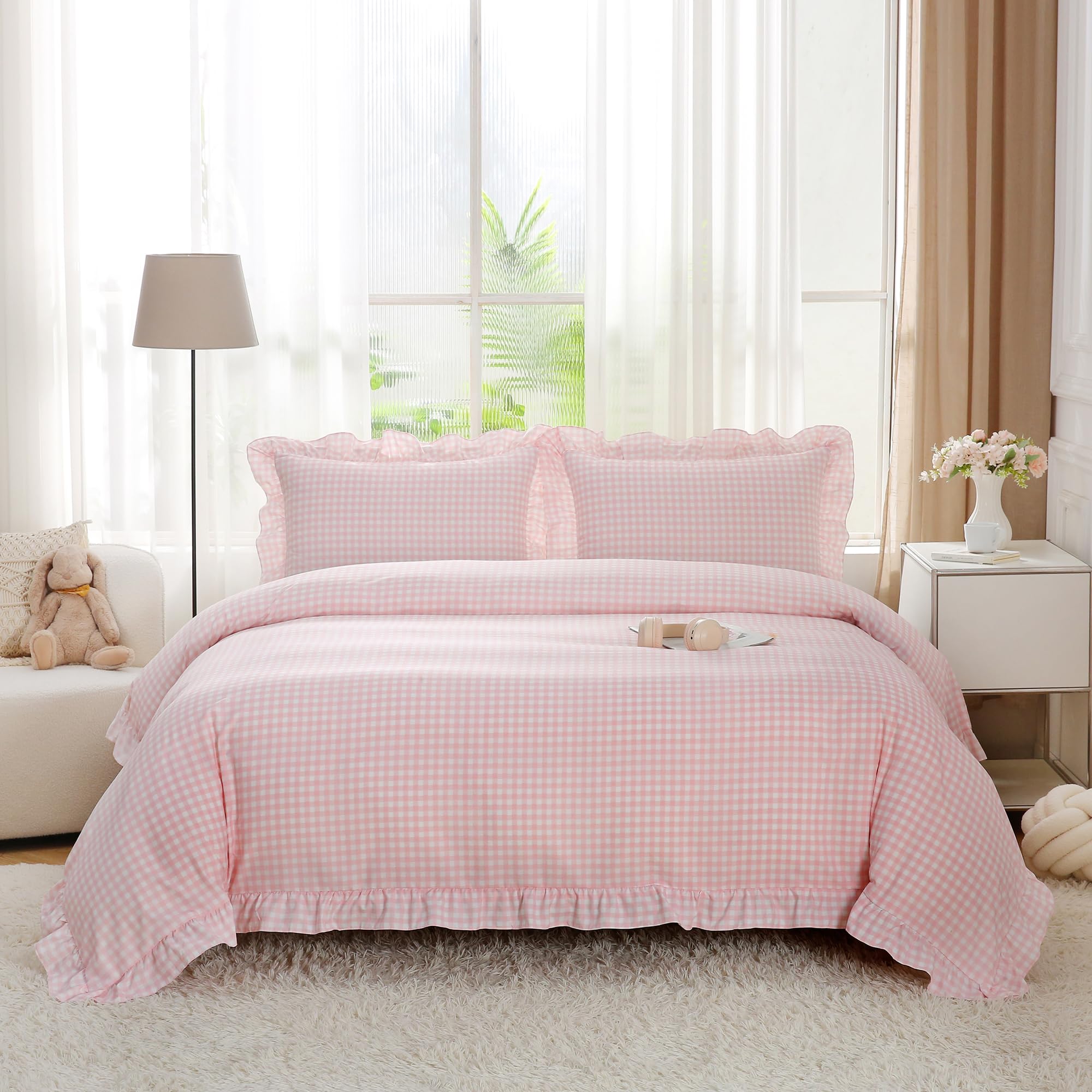 JQWUPUP Pink Gingham Single Duvet Cover Ruffled Checkered Girls Bedding Set