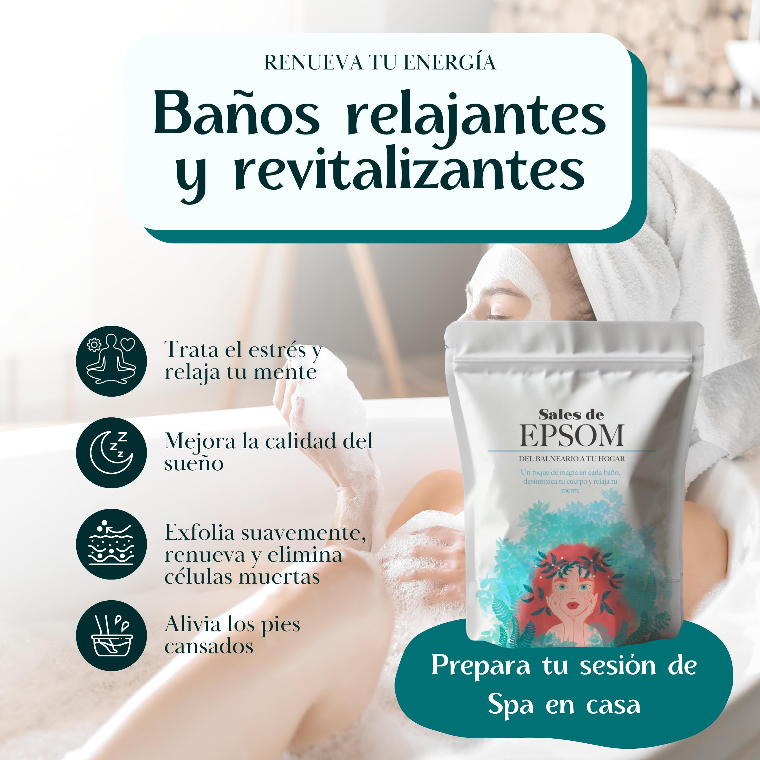 Magnesio para Baño y Pies Sales de Epsom 1kg Bienestar Relajación Muscular Revitalizante Sin Aditivos