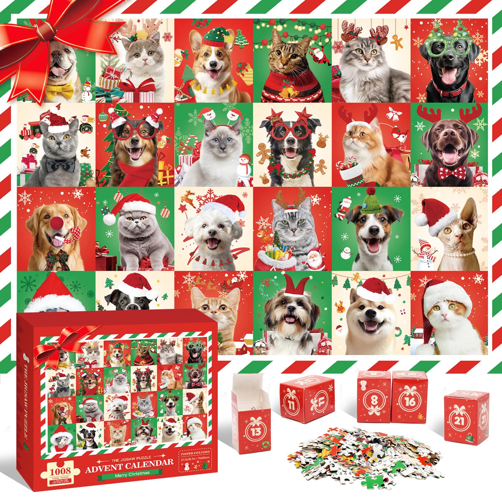 Christmas Cats and Dogs Advent Calendar 2024 Jigsaw Puzzles for Adults Kids, 1008 Pieces 24 Days Christmas Countdown Calendar Adult Puzzles, Christmas Puzzle Advent Calendar 2024 Gifts for Women Men