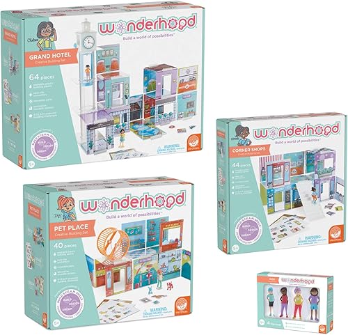 MindWare WONDERHOOD Village - Juego de 3 juegos de construcción de casas de muñecas y figuras de personajes