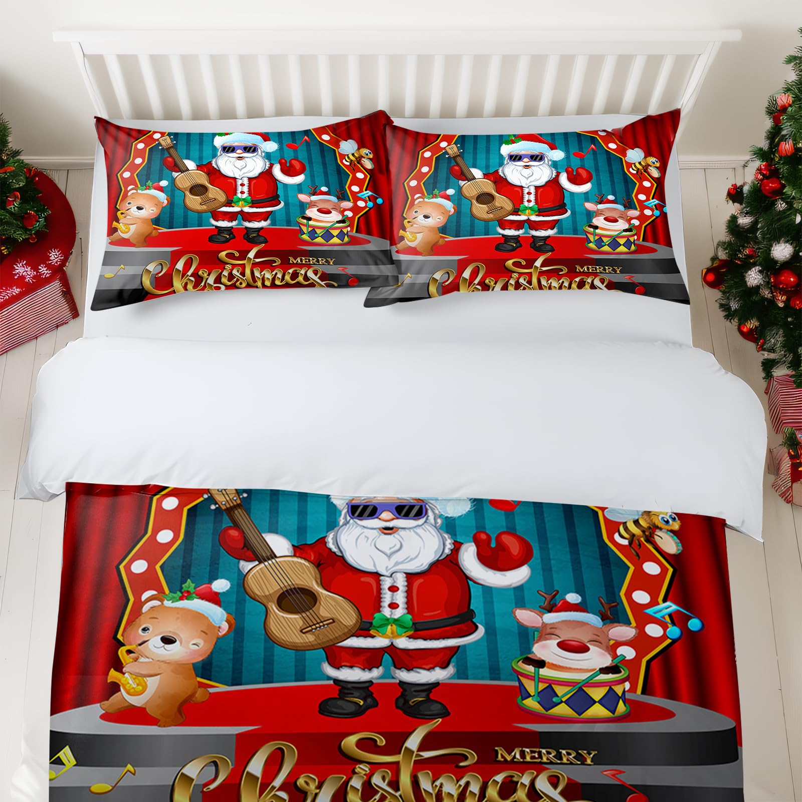 Christmas Duvet Cover Set King Size Santa Easy Care Xmas Bedding Set Christmas Reindeer Santa Claus playing guitar Printed King Size Red Quilt Bedding Set include 1 Duvet Cover 2 Pillow Style 3 - Image 3