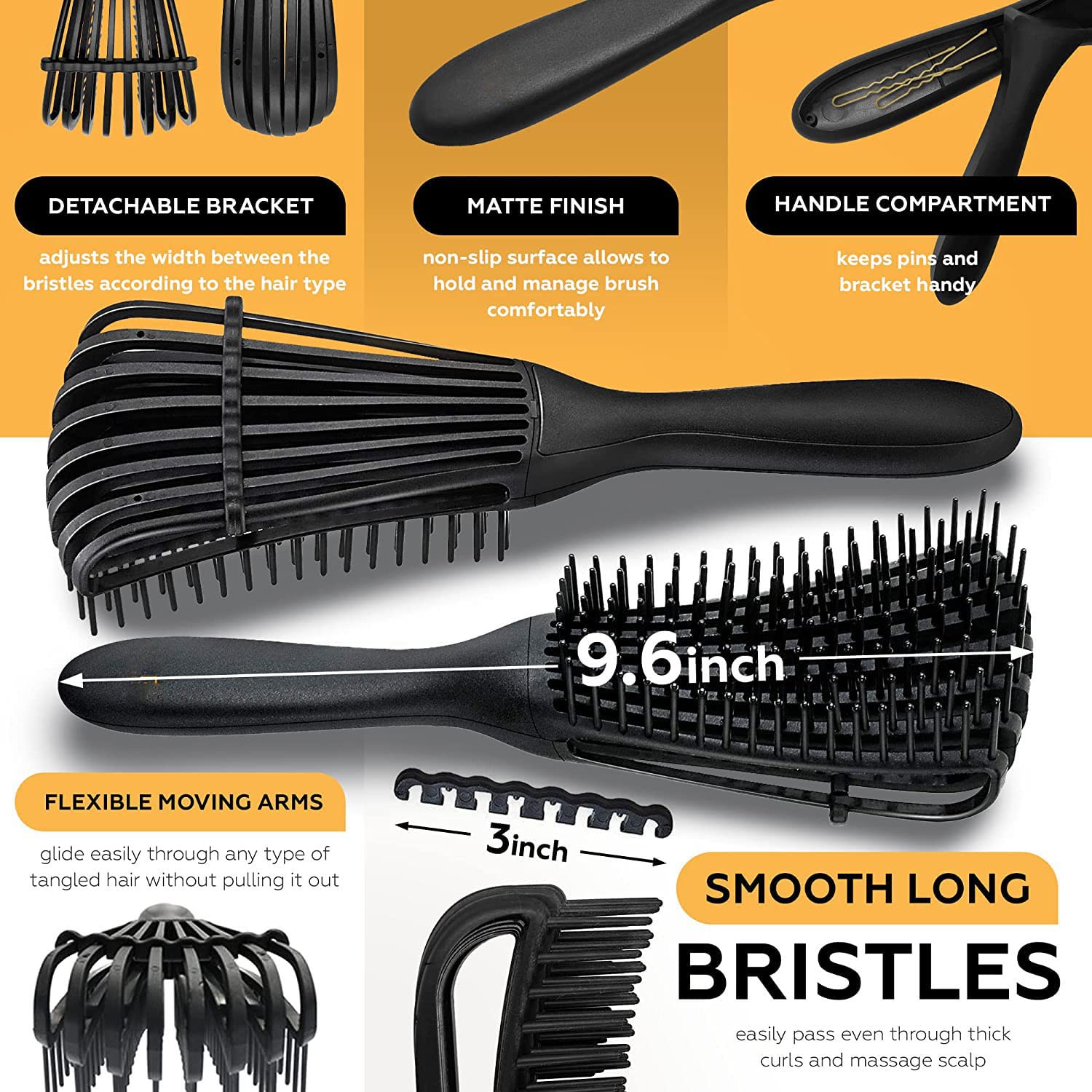 Jibaro 7pc Detangling Brush and Comb, Detangling Hair Brush Wide Tooth Comb for Curly Hair Brush with Rat Tail Comb Alligator Hair Clips (Black Detangle Brush+Tail Comb+Wide Tooth Comb+4 Clip) 1
