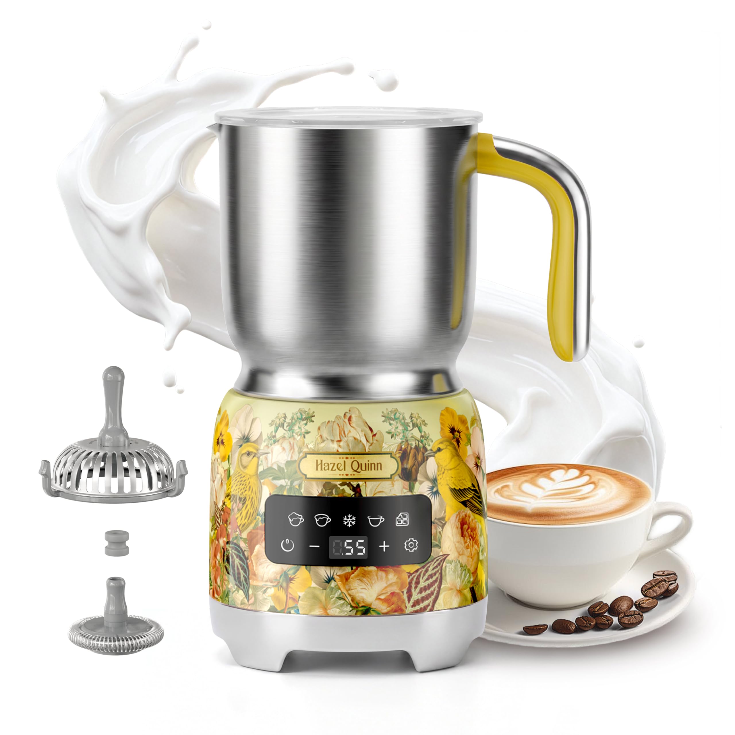 Hazel Quinn Milk Frother, 5-in-1 Automatic Frother and Steamer, Hot & Cold Foamer, Adjustable Temperatures & Thickness, Detachable Cup for Dishwasher Safe, LED Touch Control, 400 ml - Floral Printed
