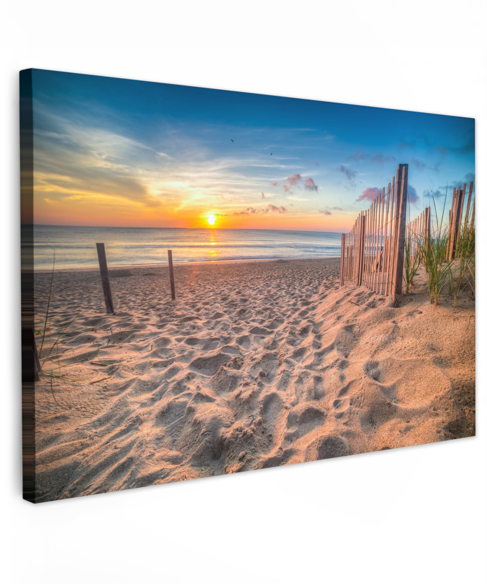 MuchoWow© Bild auf Leinwand 60x40 cm Schlafzimmer Bilder Badezimmer Wand Deko Wohnzimmer Modern Wanddeko Bilderwand Geschenk Dünen - Sonnenuntergang - Strand - Meer - Horizont