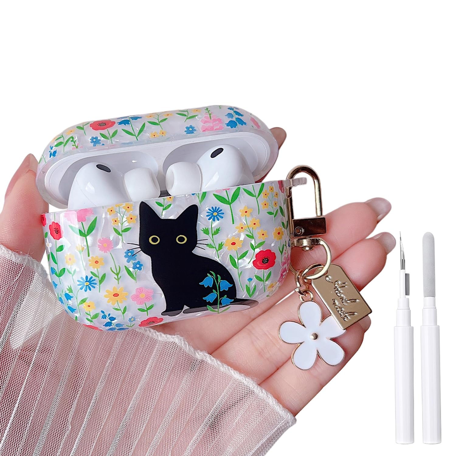 MINSCOSE for AirPods Pro 3 Glitter Case,Cute Cat Flower Shell Pattern Design with Girly Keychain,Soft TPU Protective Shockproof Cover with Cleaner Kit for Girls Women for AirPods Pro 3-Cat