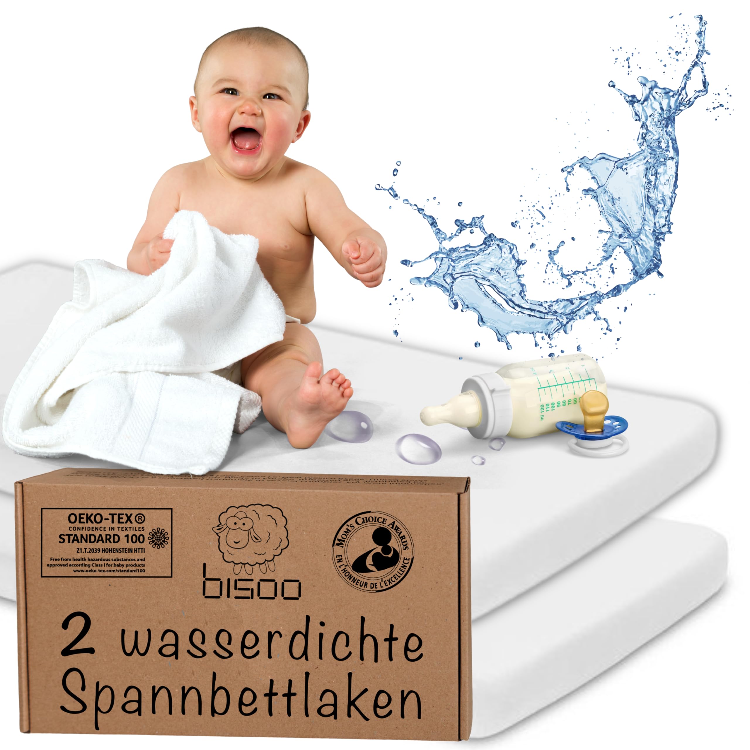 Bisoo Spannbettlaken 80x160-2in1 wasserdichte Bettlaken 80 x 160 Kinder - 2in1 Spannbetttuch Matratzenschoner für Kinderbett Juniorbett 100% Baumwolljersey Öko-Tex Zertifikat - 2 Stück Weiß 60x80