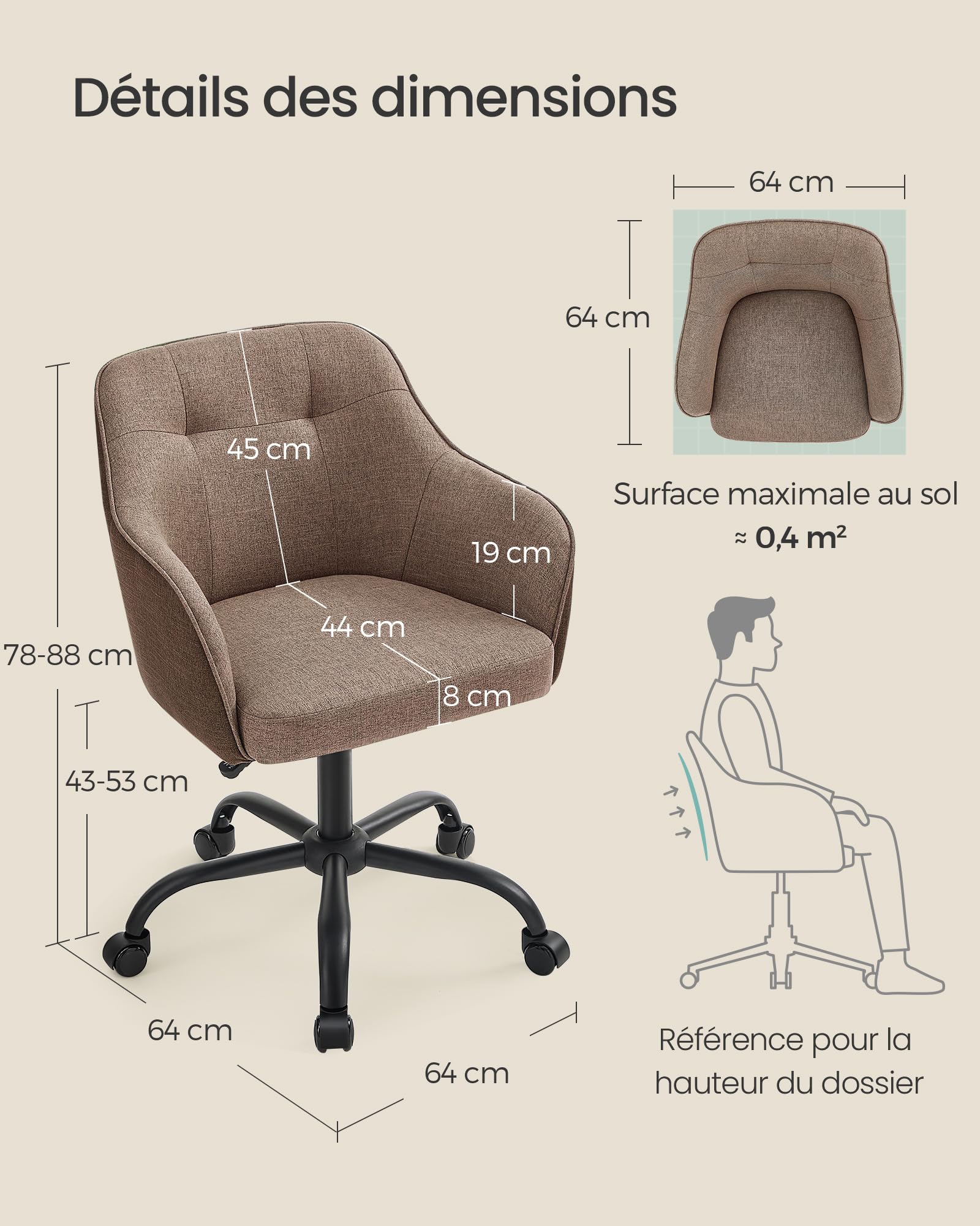 SONGMICS Chaise de Bureau, Fauteuil Ergonomique, Siège Pivotant, Réglable en Hauteur, Capacité 110 kg, Cadre en Acier, Tissu en Coton-Lin Respirant, pour Bureau, Chambre, Marron OBG019K01