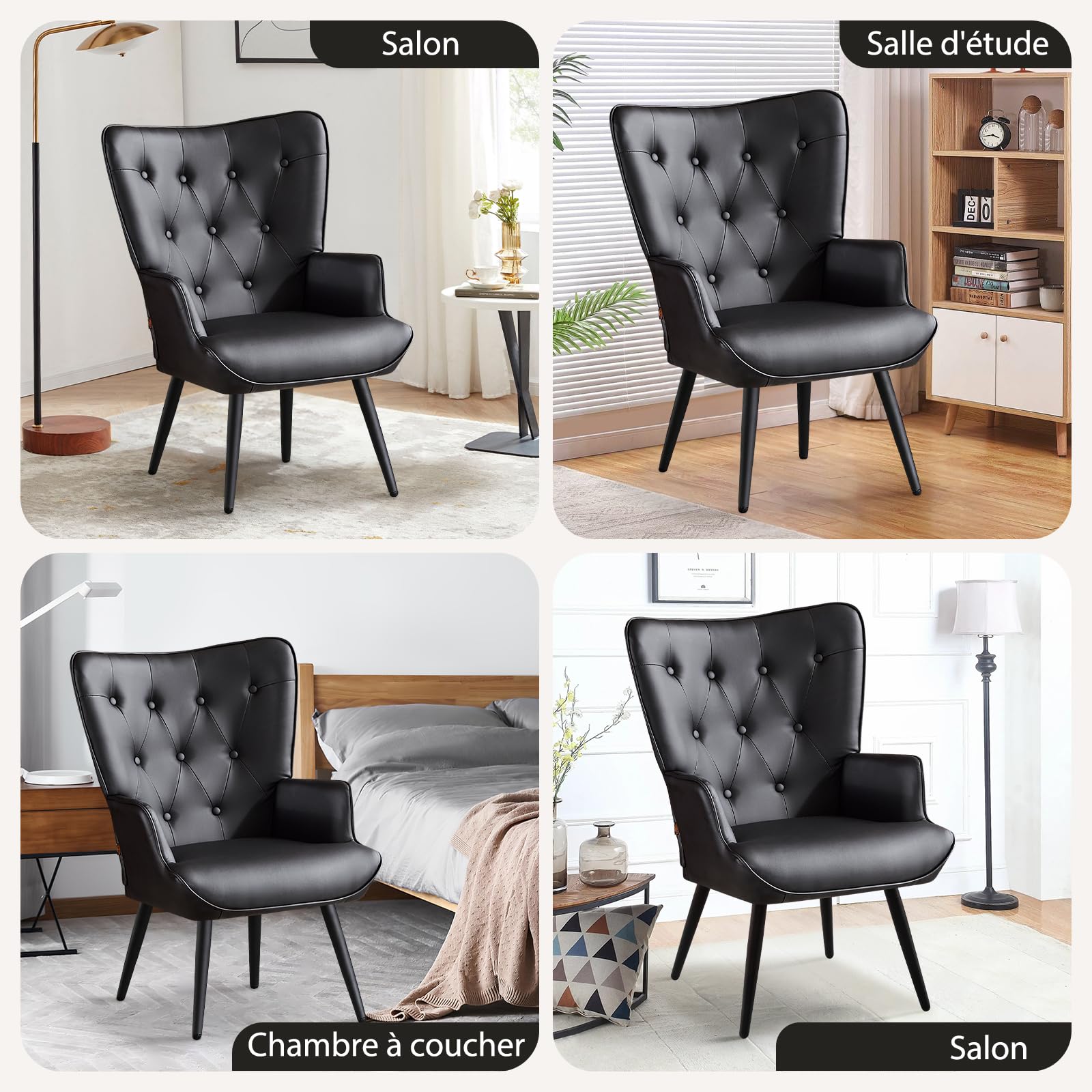 Set di 2 Poltrona Salotto, Poltrona Camera da Letto Poltrone Scandinava Relax in Finta Pelle con Braccioli, Poltrone Imbottita in Velluto con Schienale Alto per Camera da Letto Soggiorno, Nero