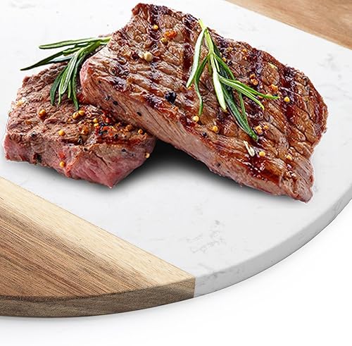 Miniatura 3 de Okllen Tabla de queso de mármol de 12 pulgadas y tabla de servir de madera de acacia, bandeja redonda de mármol hecha a mano para queso, embutidos,
