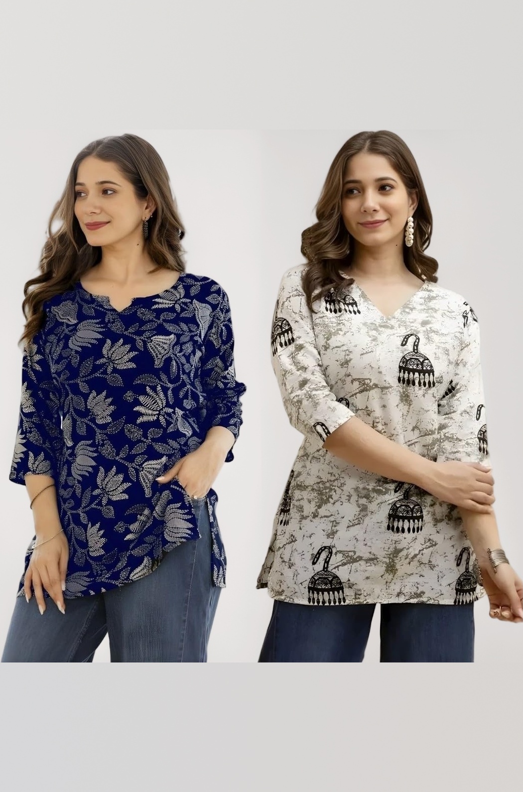 Women's Cotton Printed Short Kurti, Round Neck, Three Quarter Sleeve, Straight Fit, Pack of 2