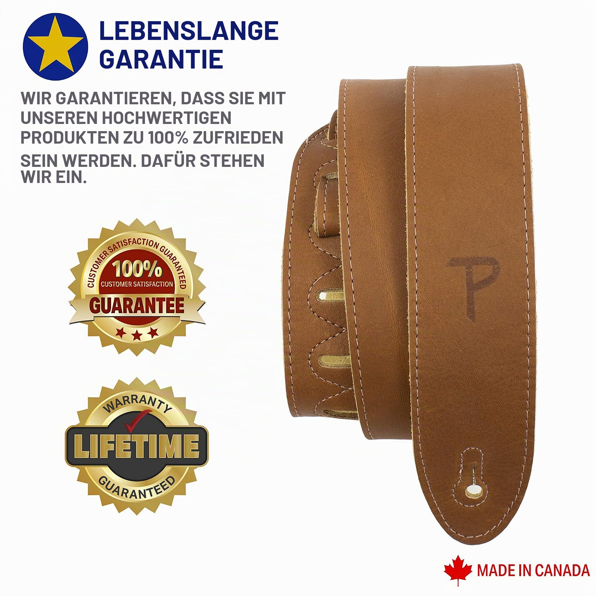 Perri's Leathers Ltd. - Gitarrengurt - Italienisches Leder - Braun - Einstellbar - Für Akustik-/Bass-/Elektro-Gitarren - Made in Canada (BM2-7083)