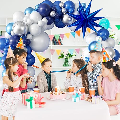 Vista 86 de Kit de arco de globos azules, 107 piezas de globos azul marino y dorado con globos de confeti dorado metálico, globos de fiesta de cumpleaños azul