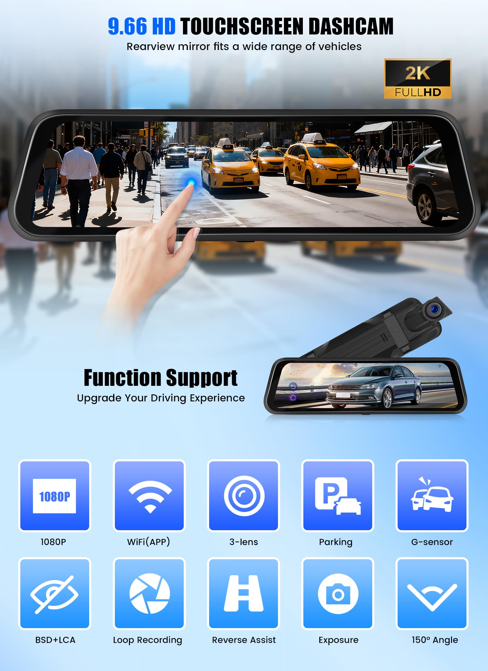 CAMECHO Mirror Dash Cam Schermo da 9.66 pollici 2K, Dashcam con TRE Telecamere: Anteriore/Interna/Posteriore -WiFi registrazione loop/sensore di gravità/assistenza al parcheggio