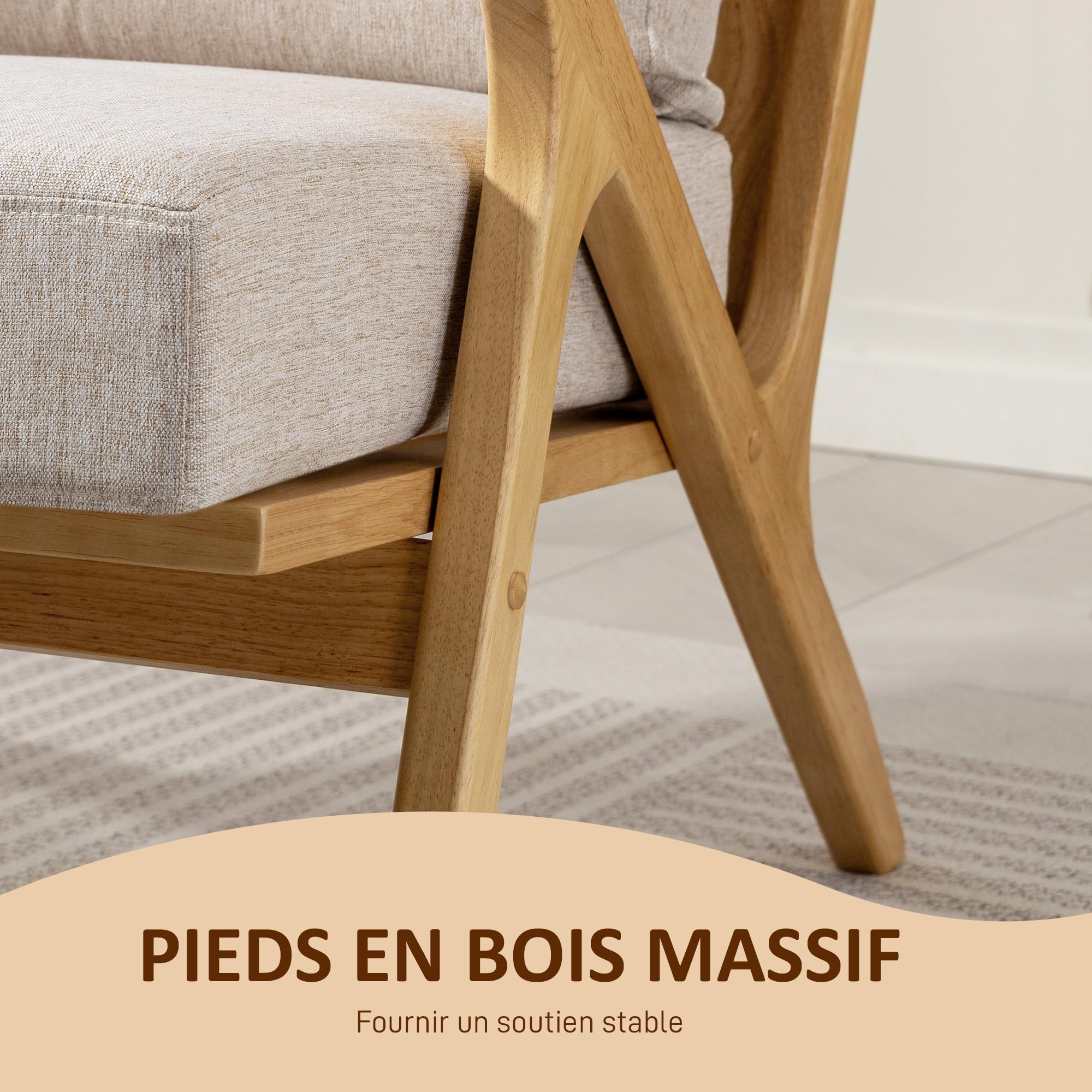 HOMCOM Wohnzimmersessel, skandinavischer Sessel aus Stoff in Leinenoptik mit dicken Kissen, gepolsterter Sitzfläche und Beinen aus Hevea-Holz, Wohnzimmerstuhl, Schlafzimmer, Leseecken, beige