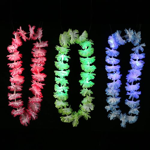 Fun Central Paquete de 12 collares Leis de flores de seda con luz LED en varios colores, a granel, para suministros de fiesta Luau, decoraciones de